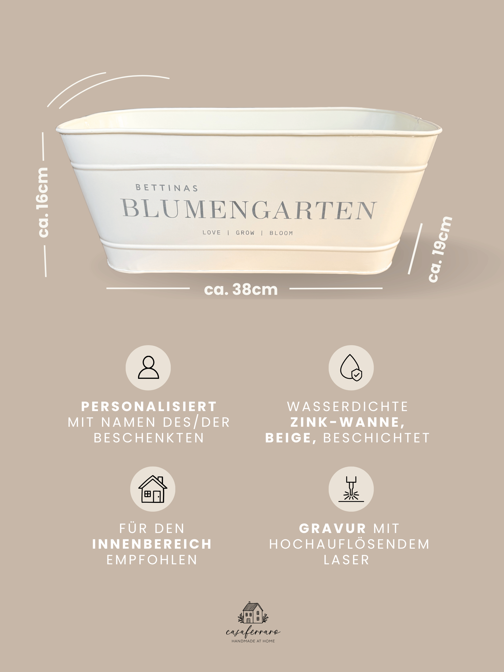 Personalisierter Metall-Blumenkasten "Blumengarten" | Gravur "Love Grow Bloom" | Geschenk für Mama & Oma
