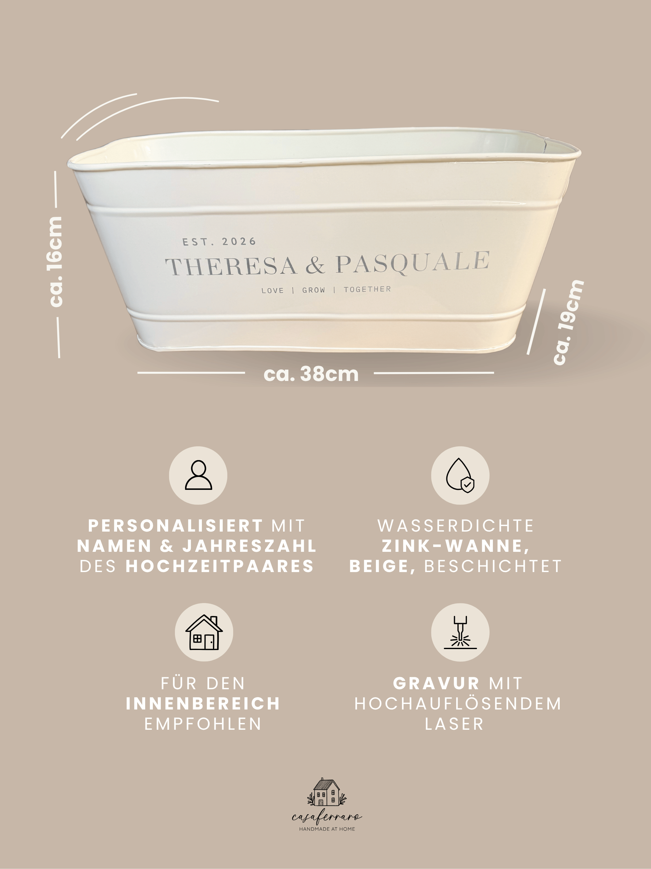 Personalisierter Metall-Blumenkasten für Paare | Hochzeitsgeschenk, Jahrestagsgeschenk oder Verlobungsgeschenk mit Namen & Jahreszahl