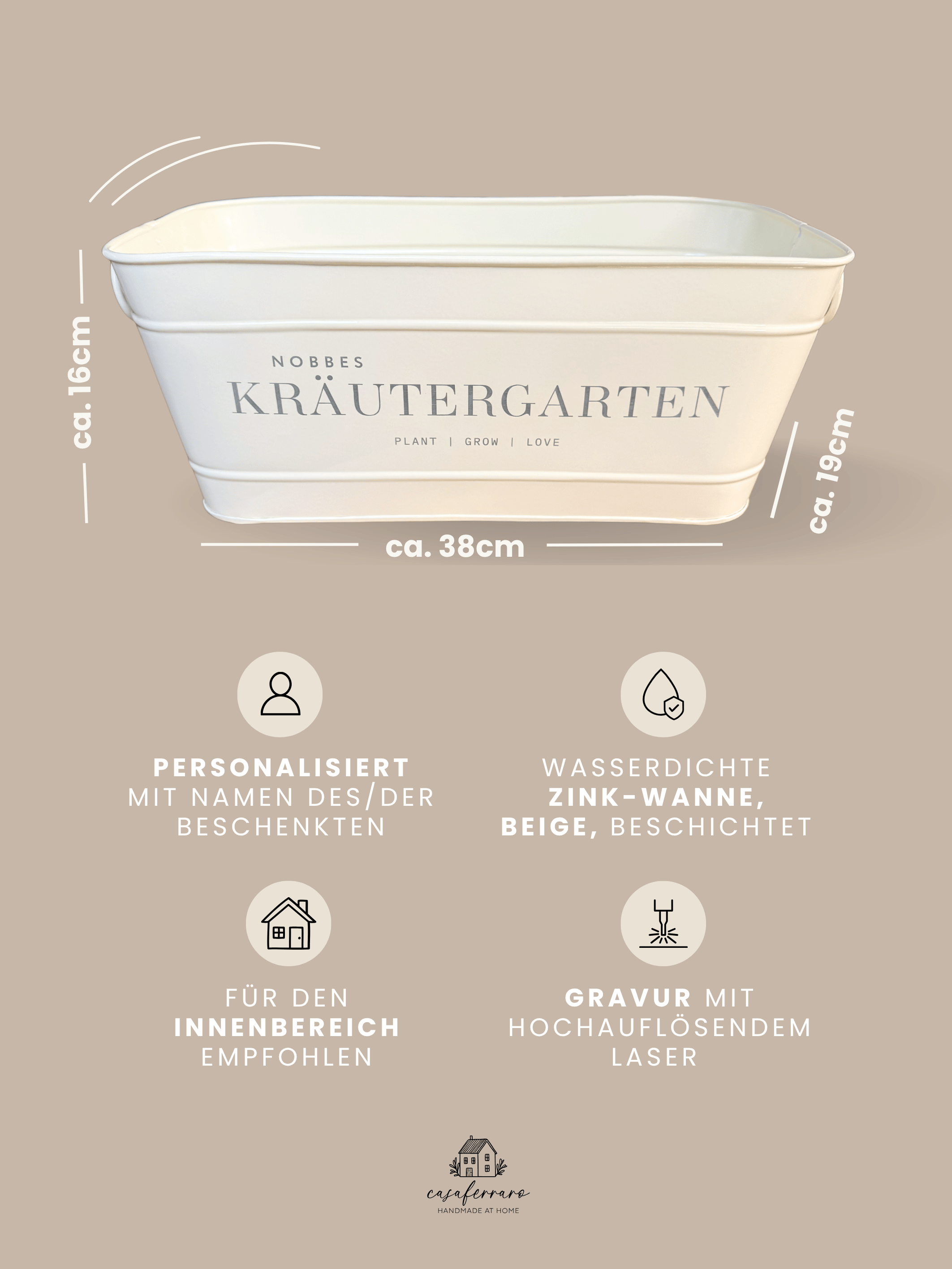 Personalisierter Metall-Blumenkasten "Kräutergarten" | Gravur "Plant Grow Love" | Geschenk zum Grillabend & Gartenparty