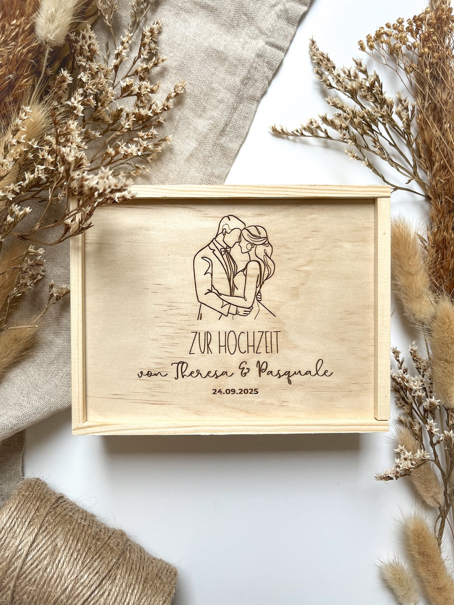 Personalisiertes Geldgeschenk aus Holz zur Hochzeit | Paar Kopf an Kopf