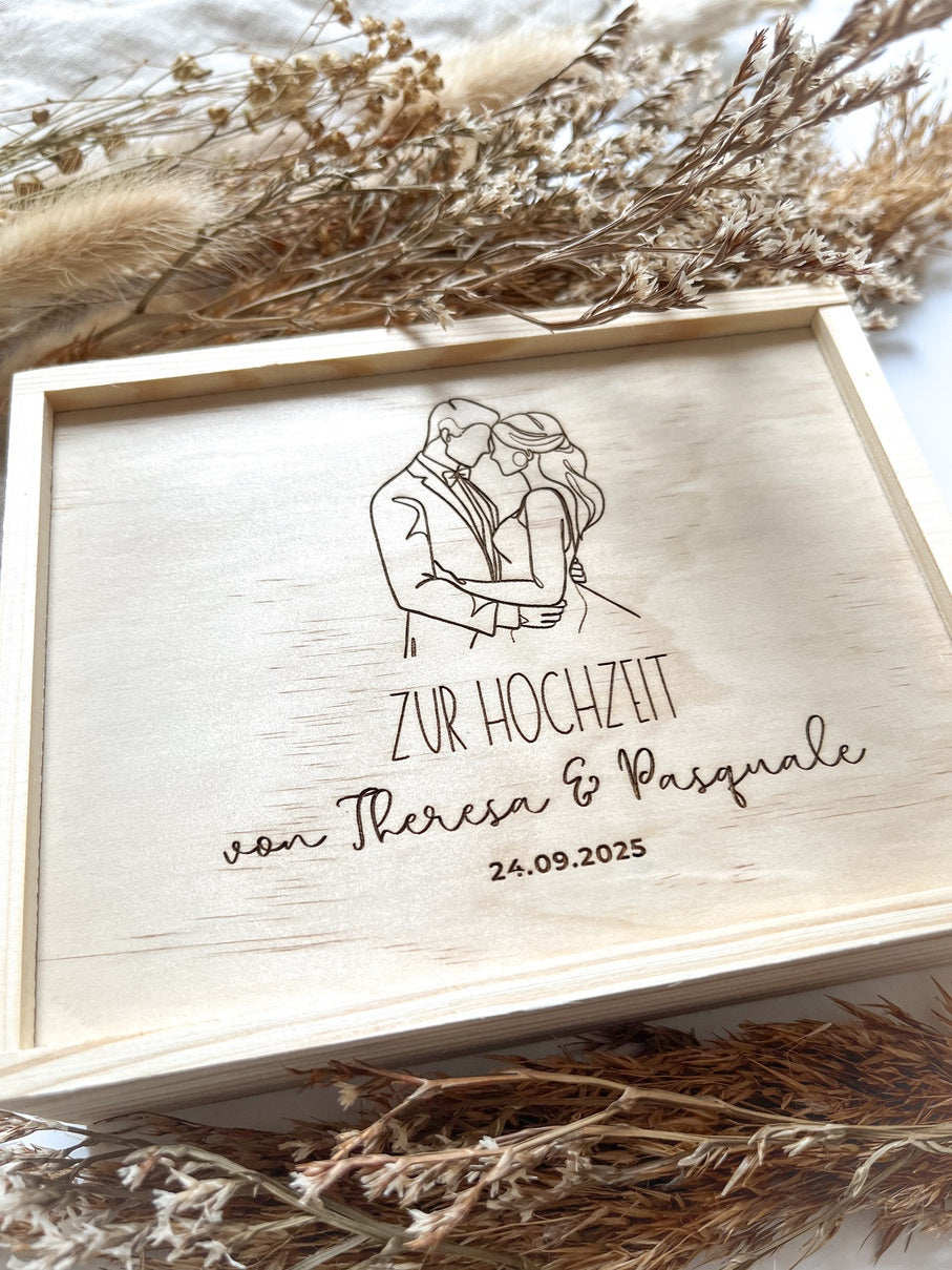 Personalisiertes Geldgeschenk aus Holz zur Hochzeit | Paar Kopf an Kopf