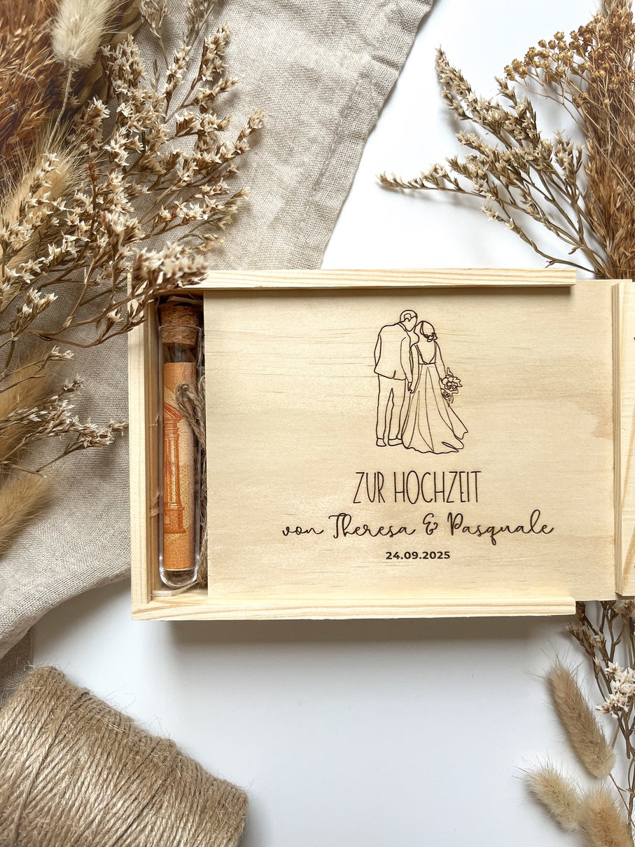 Personalisiertes Geldgeschenk aus Holz zur Hochzeit | Hochzeitspaar Kuss