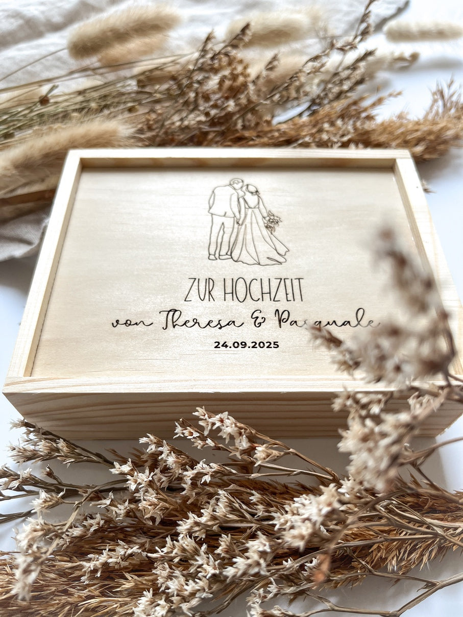 Personalisiertes Geldgeschenk aus Holz zur Hochzeit | Hochzeitspaar Kuss