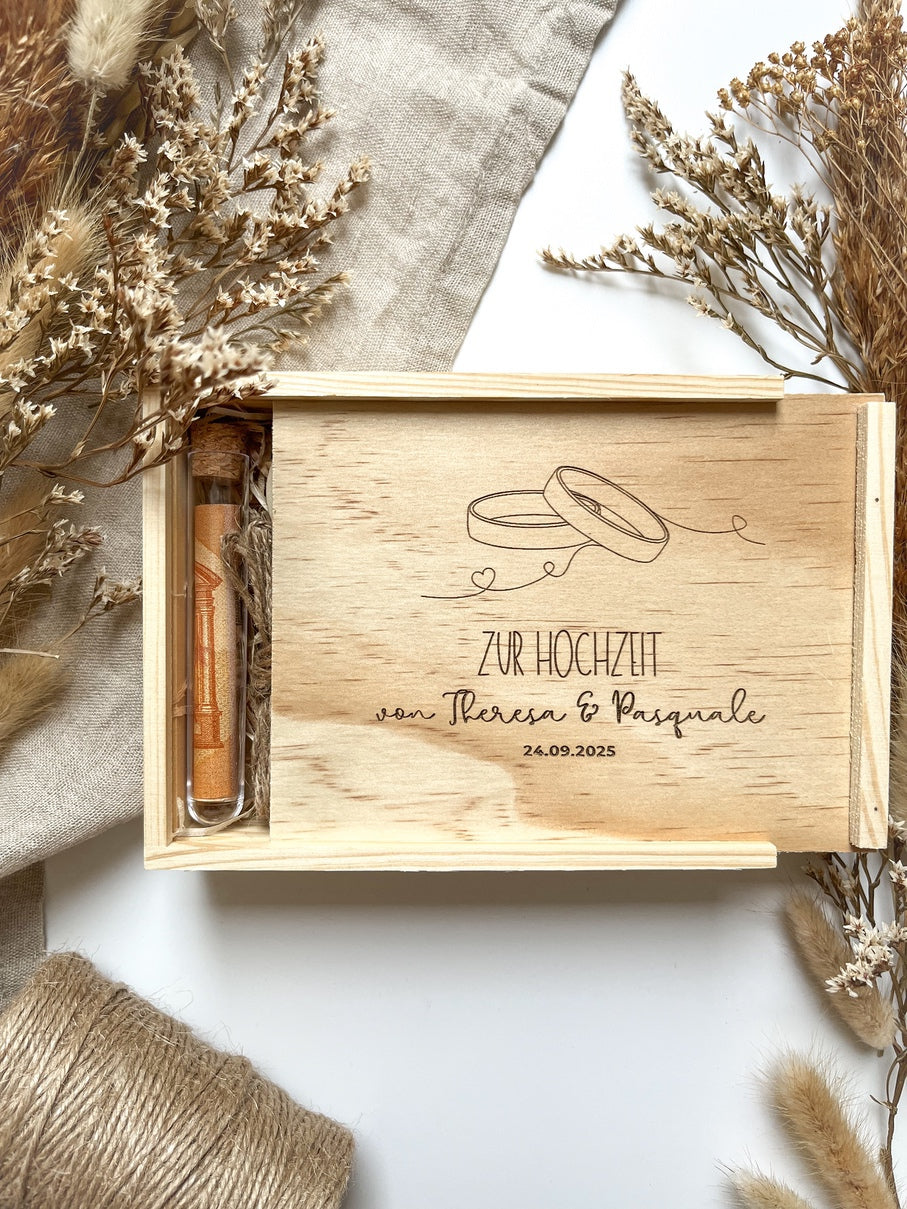Personalisiertes Geldgeschenk aus Holz zur Hochzeit | Ringe