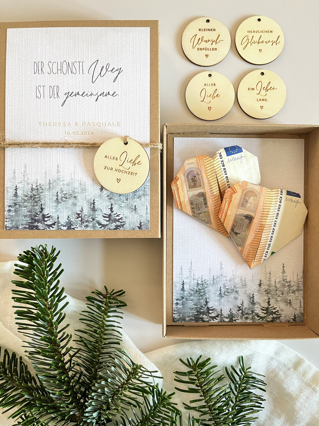 Personalisiertes Geldgeschenk zur Hochzeit | Tannen-Motiv