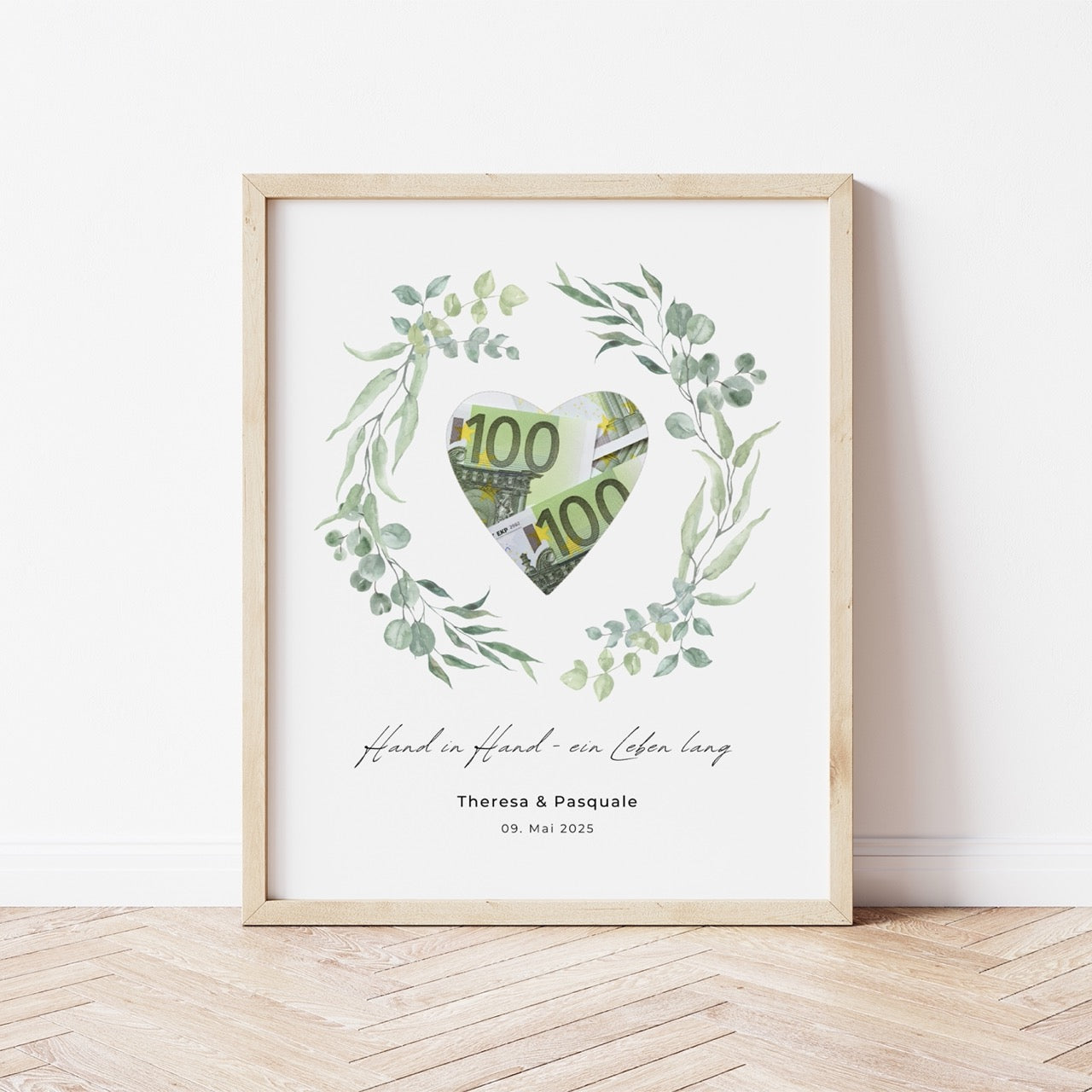 Personalisiertes Geldgeschenk zur Hochzeit mit Greenery-Eukalyptus-Motiv, Druckvorlage mit Herz-Ausschnitt zum selbst Ausdrucken.