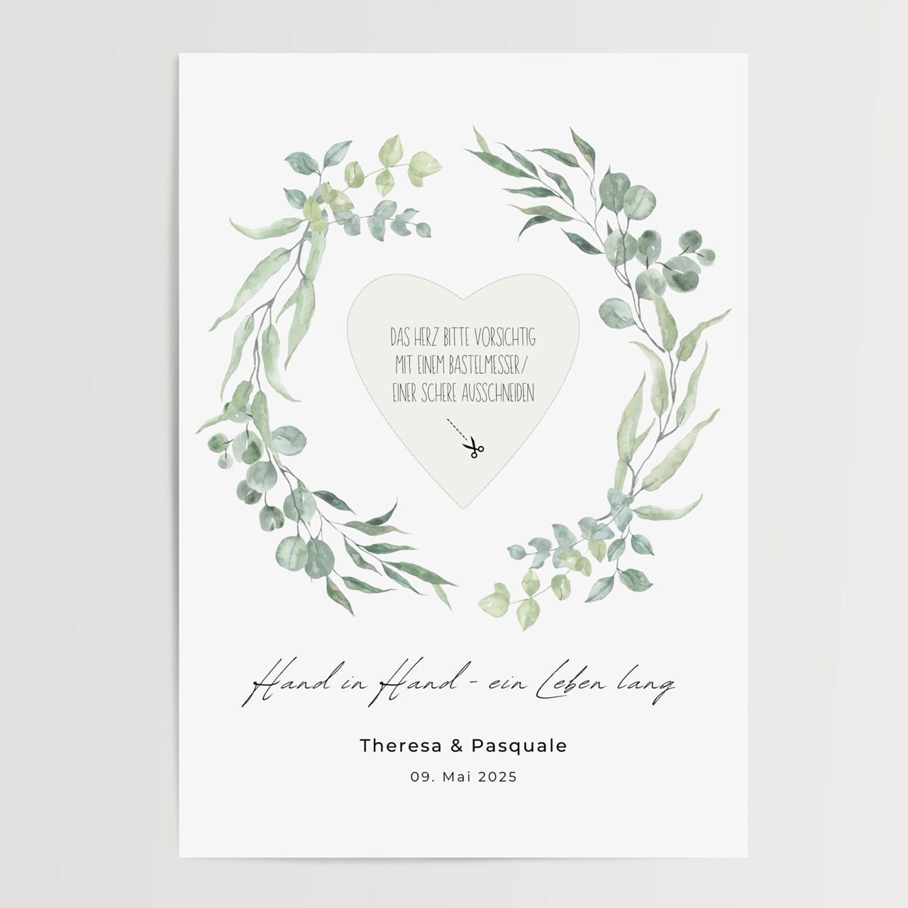 Personalisiertes Geldgeschenk zur Hochzeit mit Greenery-Eukalyptus-Motiv, Druckvorlage mit Herz-Ausschnitt zum selbst Ausdrucken.