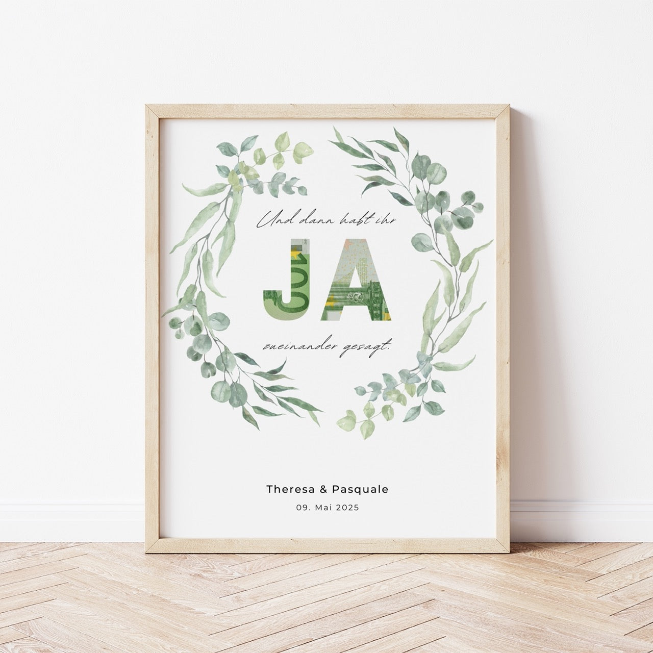 Personalisiertes Geldgeschenk zur Hochzeit mit Greenery-Eukalyptus-Kranz und JA-Ausschnitt für Geldscheine, digitale Druckvorlage.