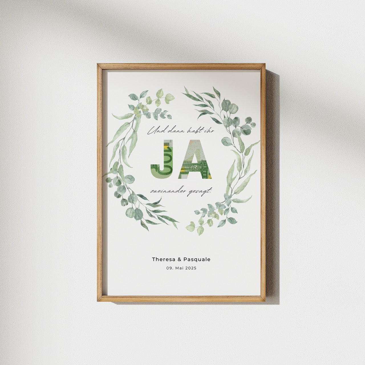 Personalisiertes Geldgeschenk zur Hochzeit mit Greenery-Eukalyptus-Kranz und JA-Ausschnitt für Geldscheine, digitale Druckvorlage.