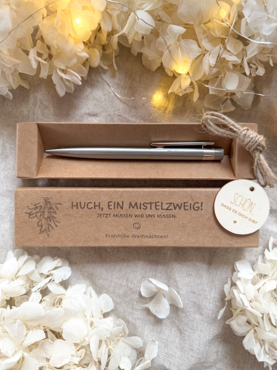 Personalisierter Kugelschreiber aus Edelstahl mit Gravur & Geschenkbox zu Weihnachten | Mistelzweig