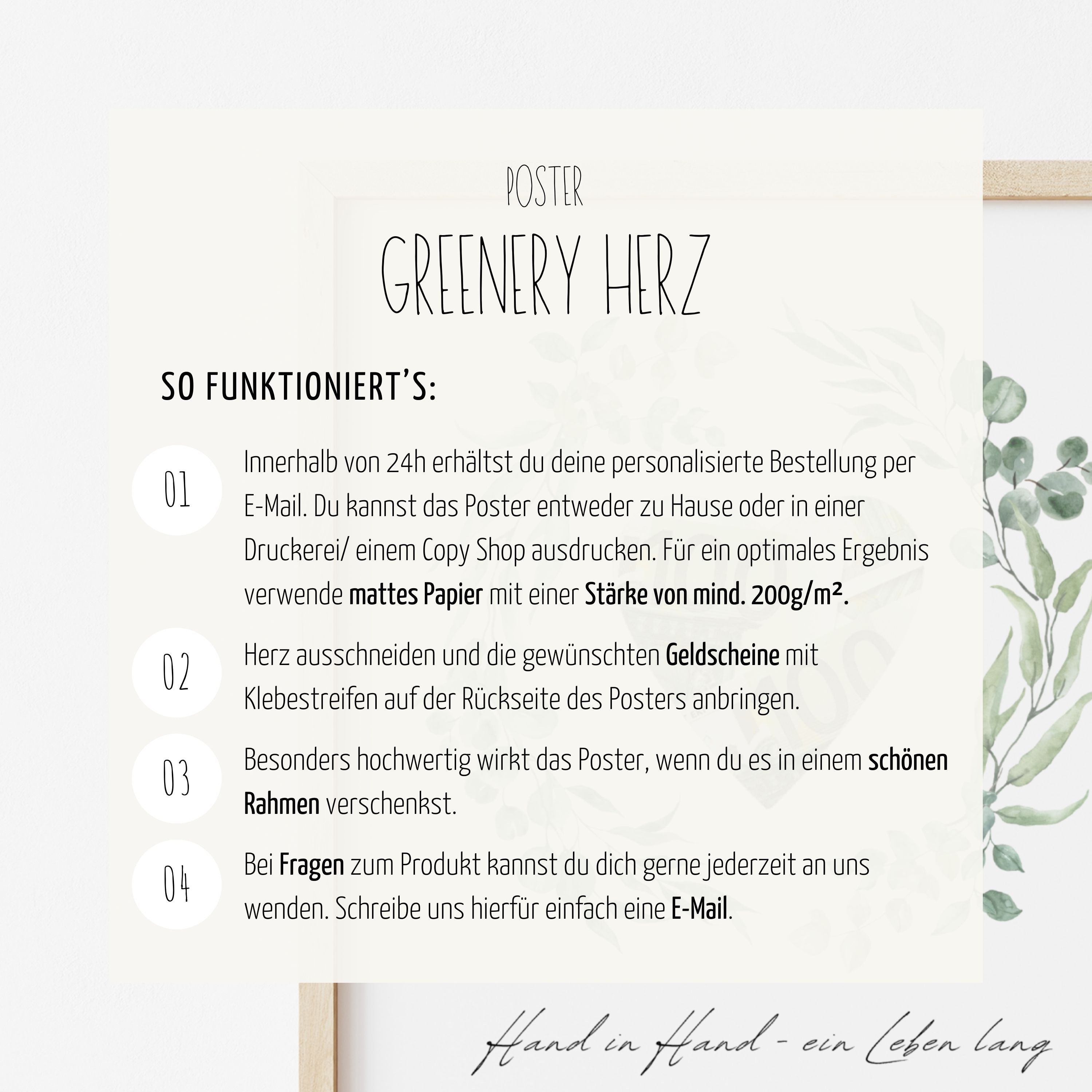 Personalisiertes Geldgeschenk zur Hochzeit "Greenery Herz" | Druckvorlage (digitaler Download)