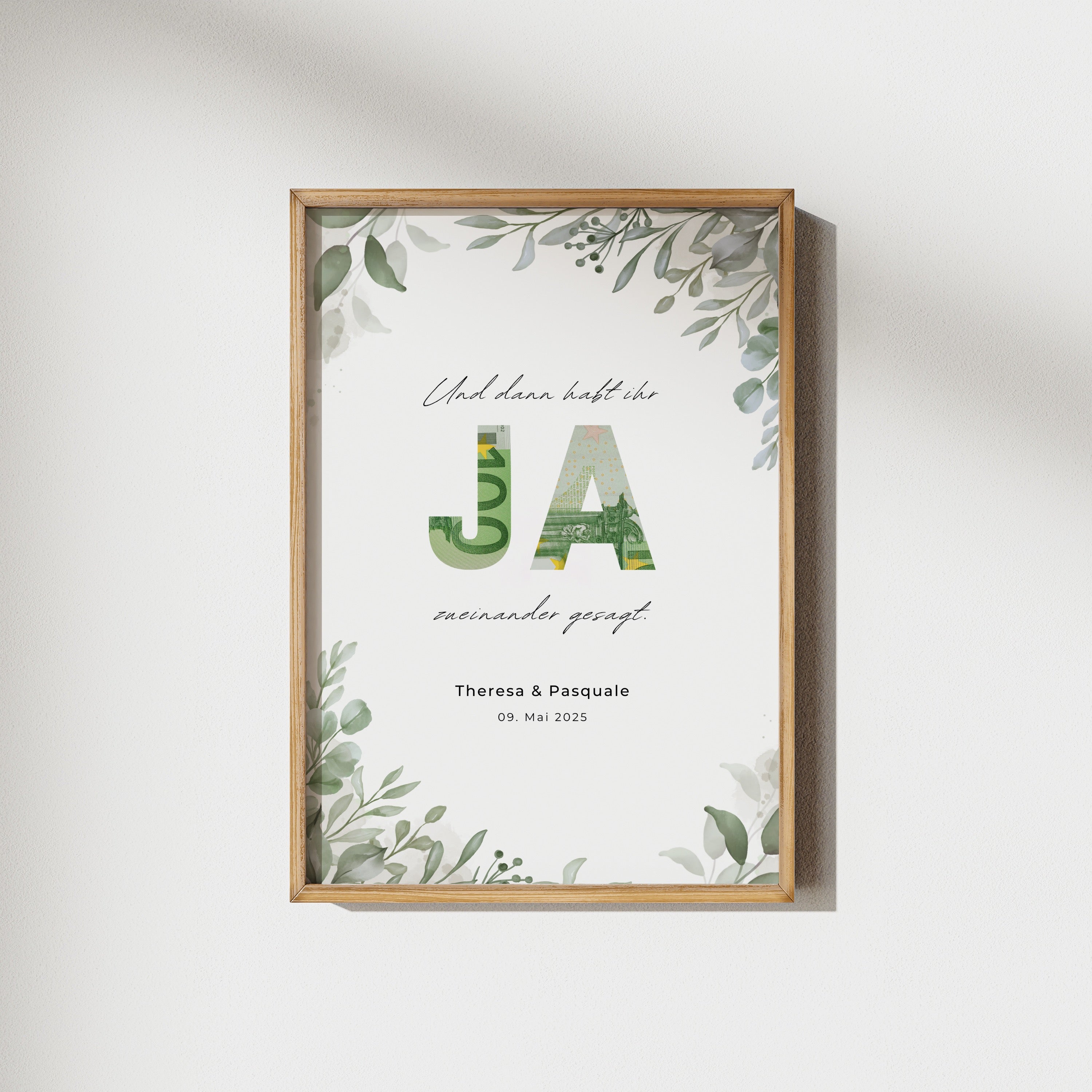 Personalisiertes Geldgeschenk Hochzeit mit Olivenzweigen und JA-Ausschnitt, digitale Vorlage zum Ausdrucken