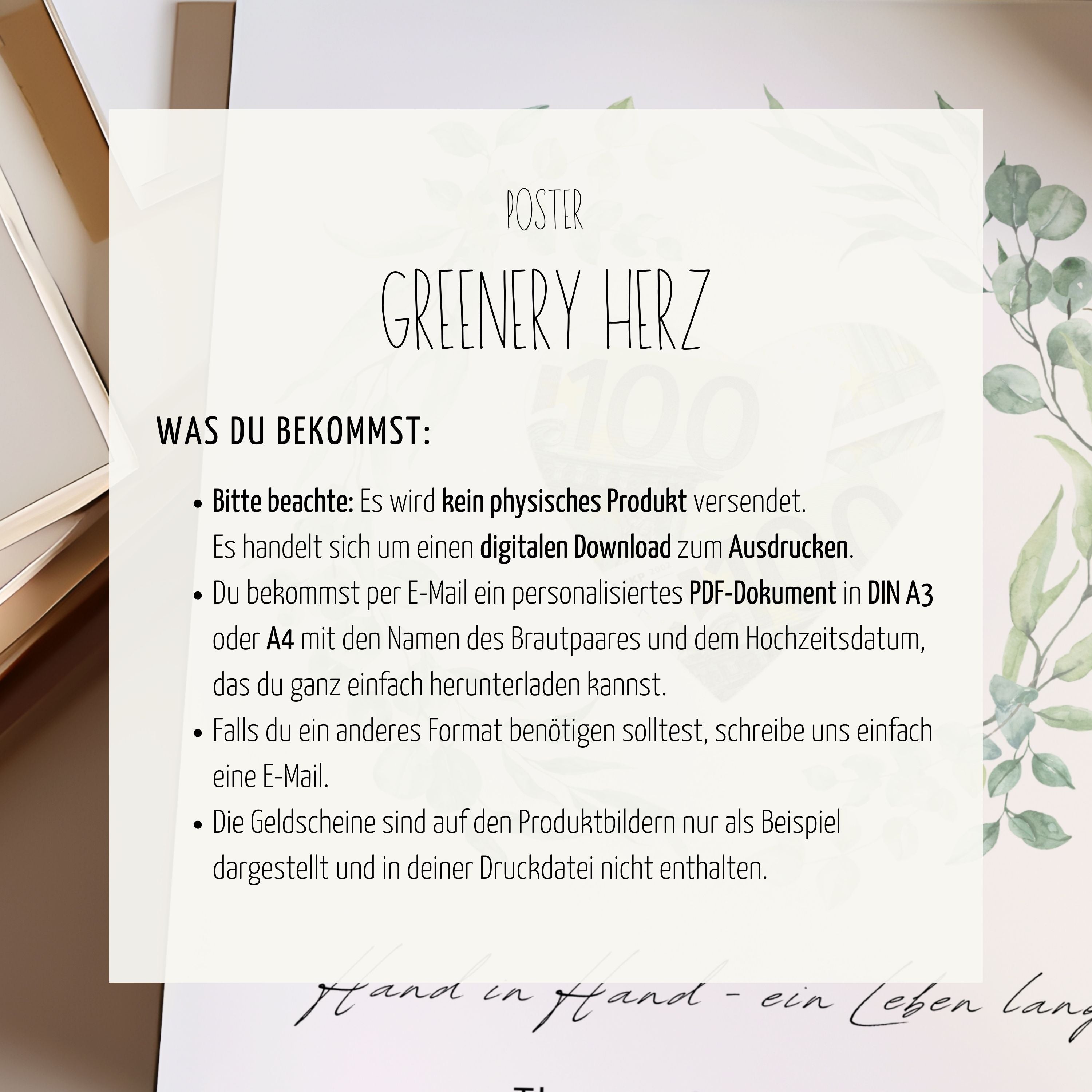 Personalisiertes Geldgeschenk zur Hochzeit "Greenery Herz" | Druckvorlage (digitaler Download)