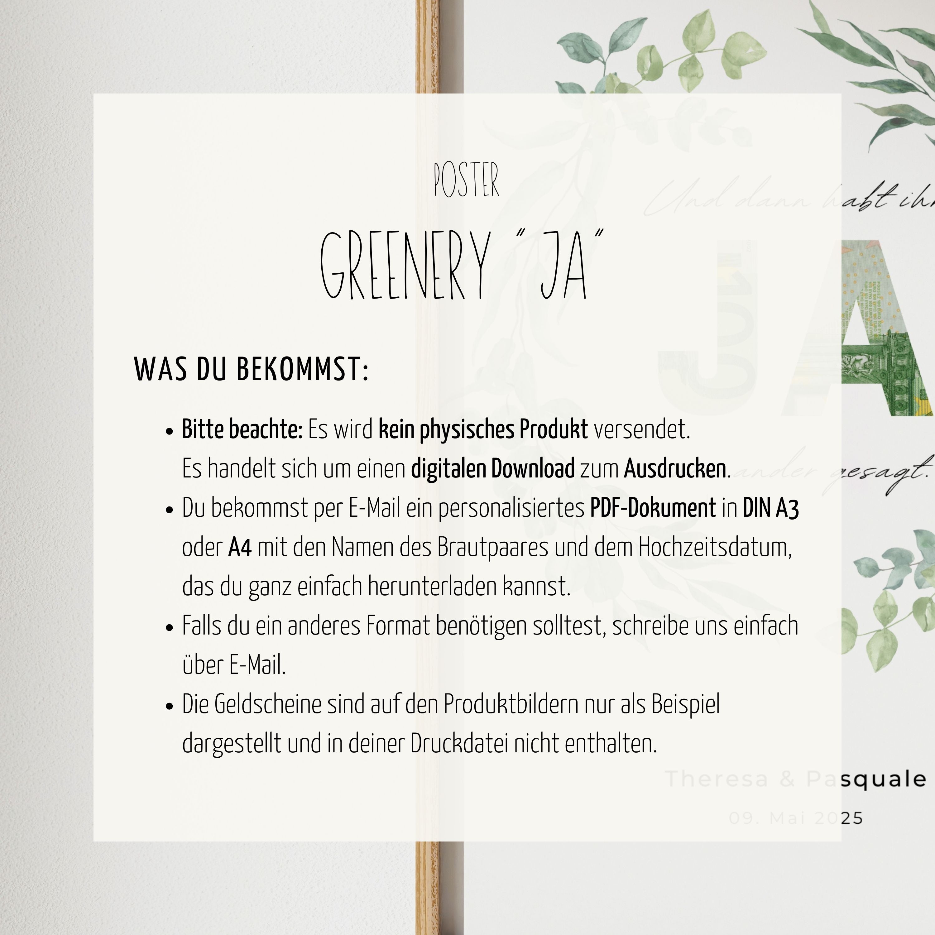 Personalisiertes Geldgeschenk zur Hochzeit "Greenery JA" | Druckvorlage (digitaler Download)