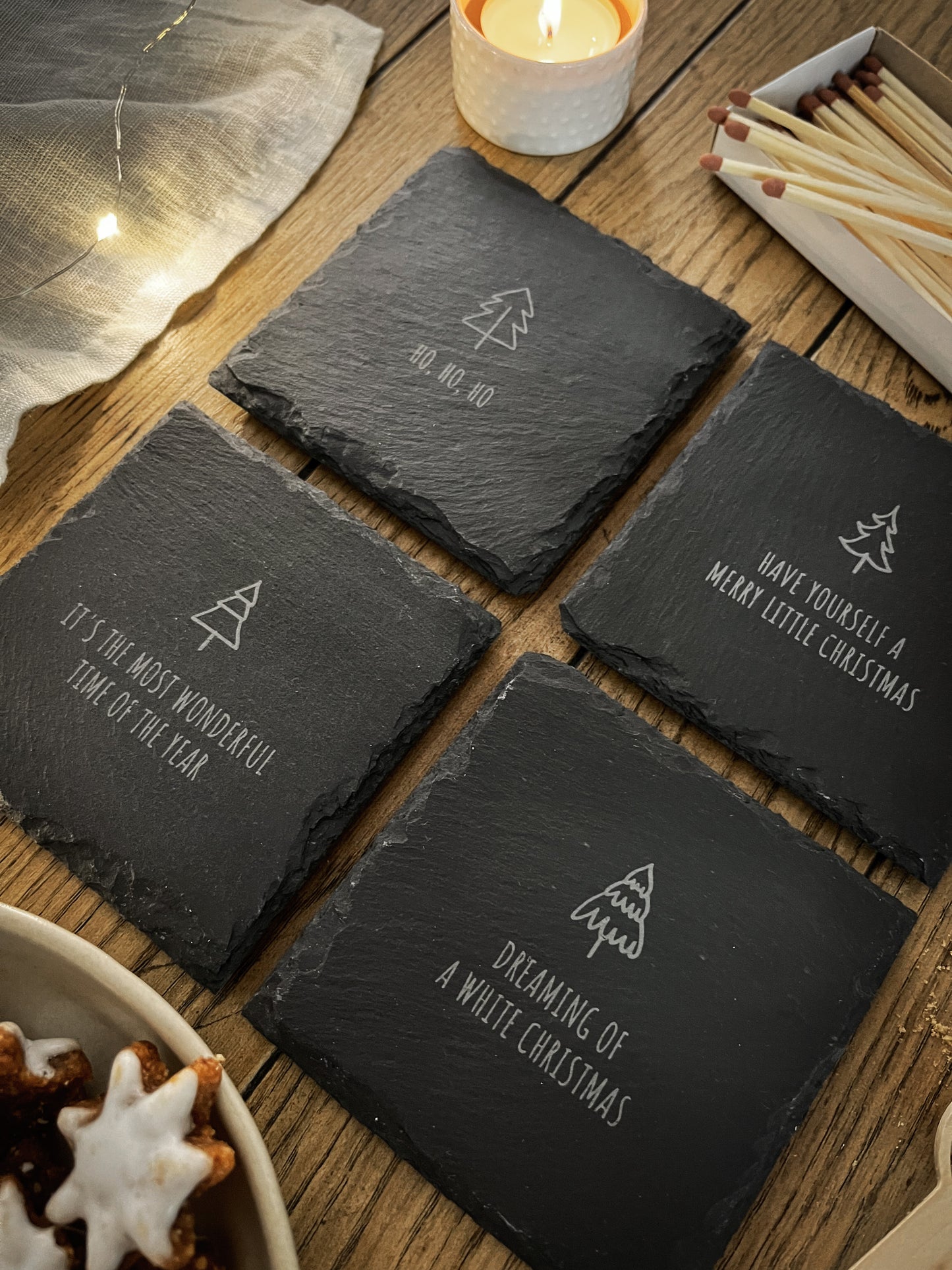 Schiefer-Untersetzer | Weihnachten minimalistisch 4er-Set