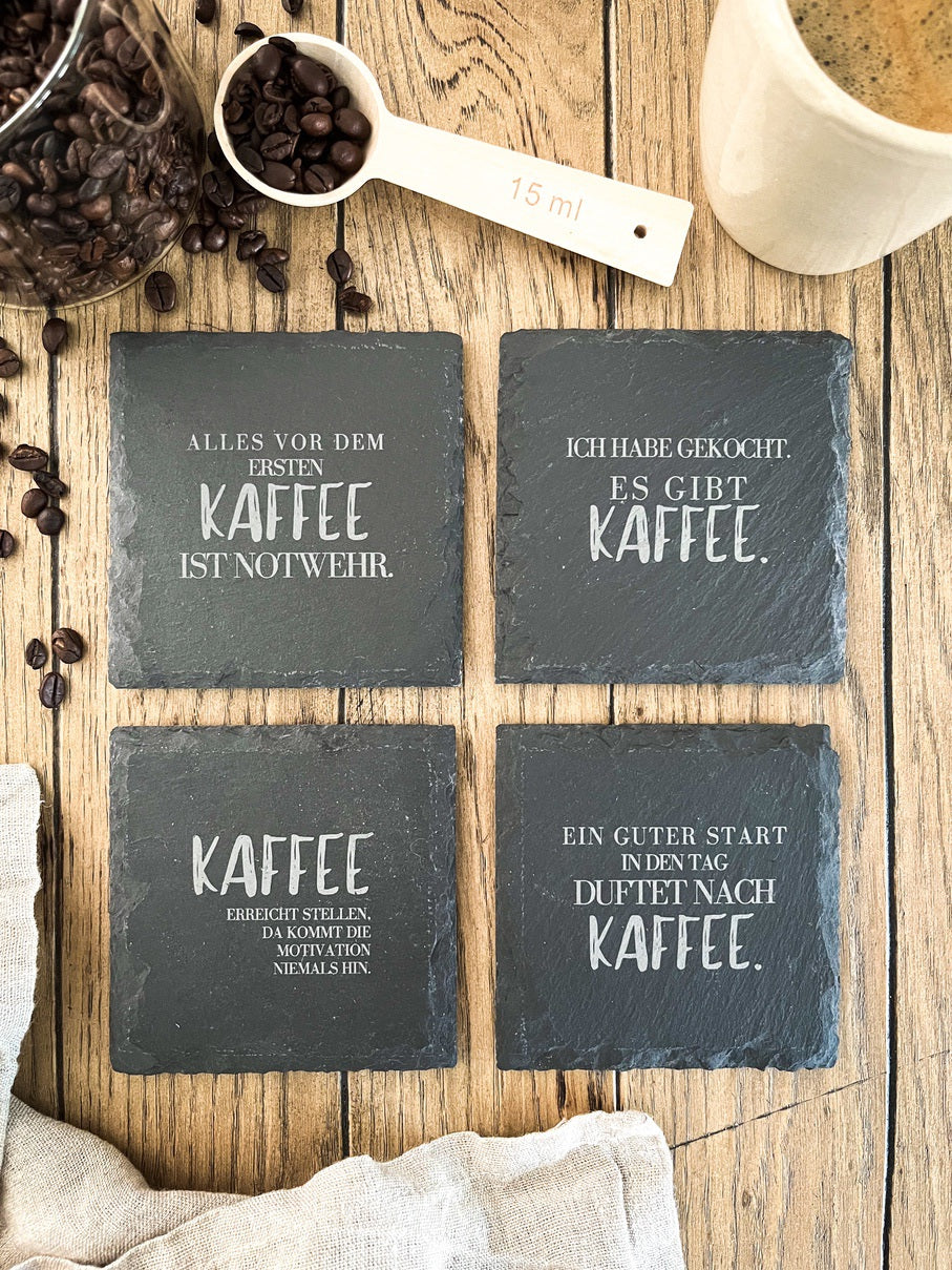 Schiefer-Untersetzer | Deutsche Kaffee-Sprüche 4er-Set