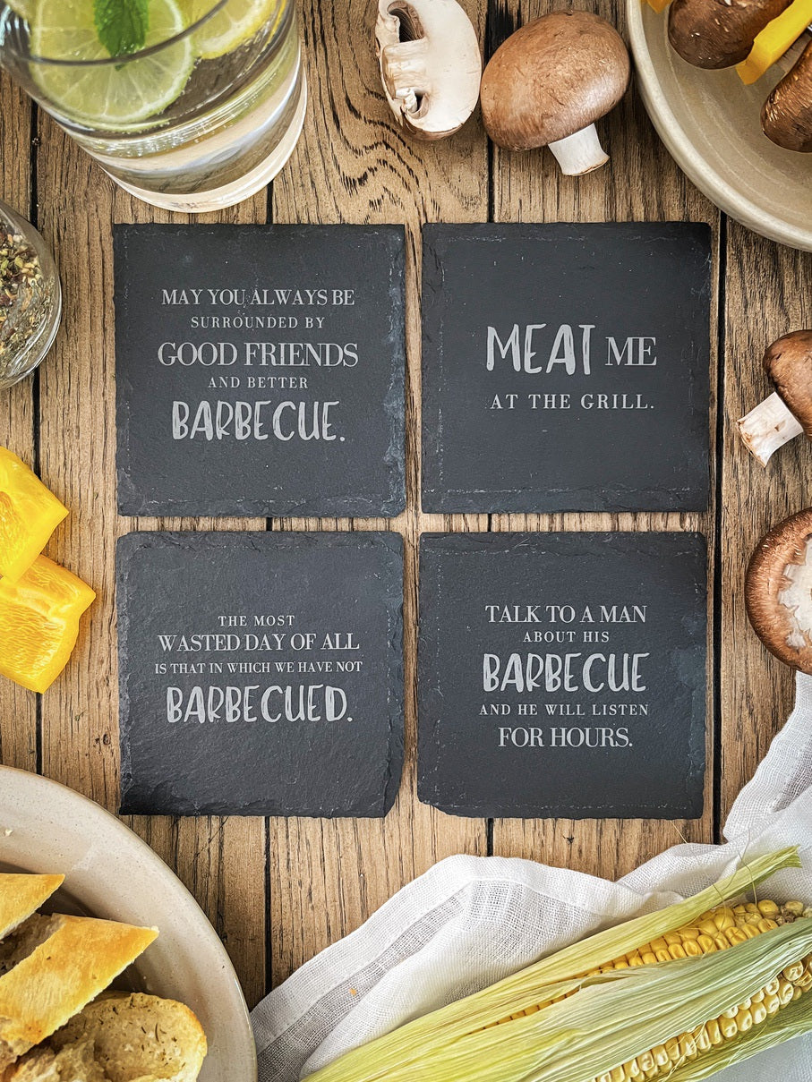 Schiefer-Untersetzer | Barbecue-Sprüche 4er-Set