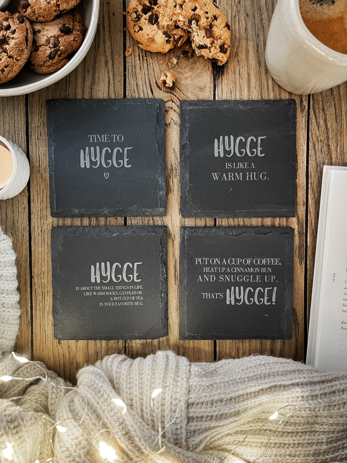 Schiefer-Untersetzer | Hygge-Sprüche 4er-Set