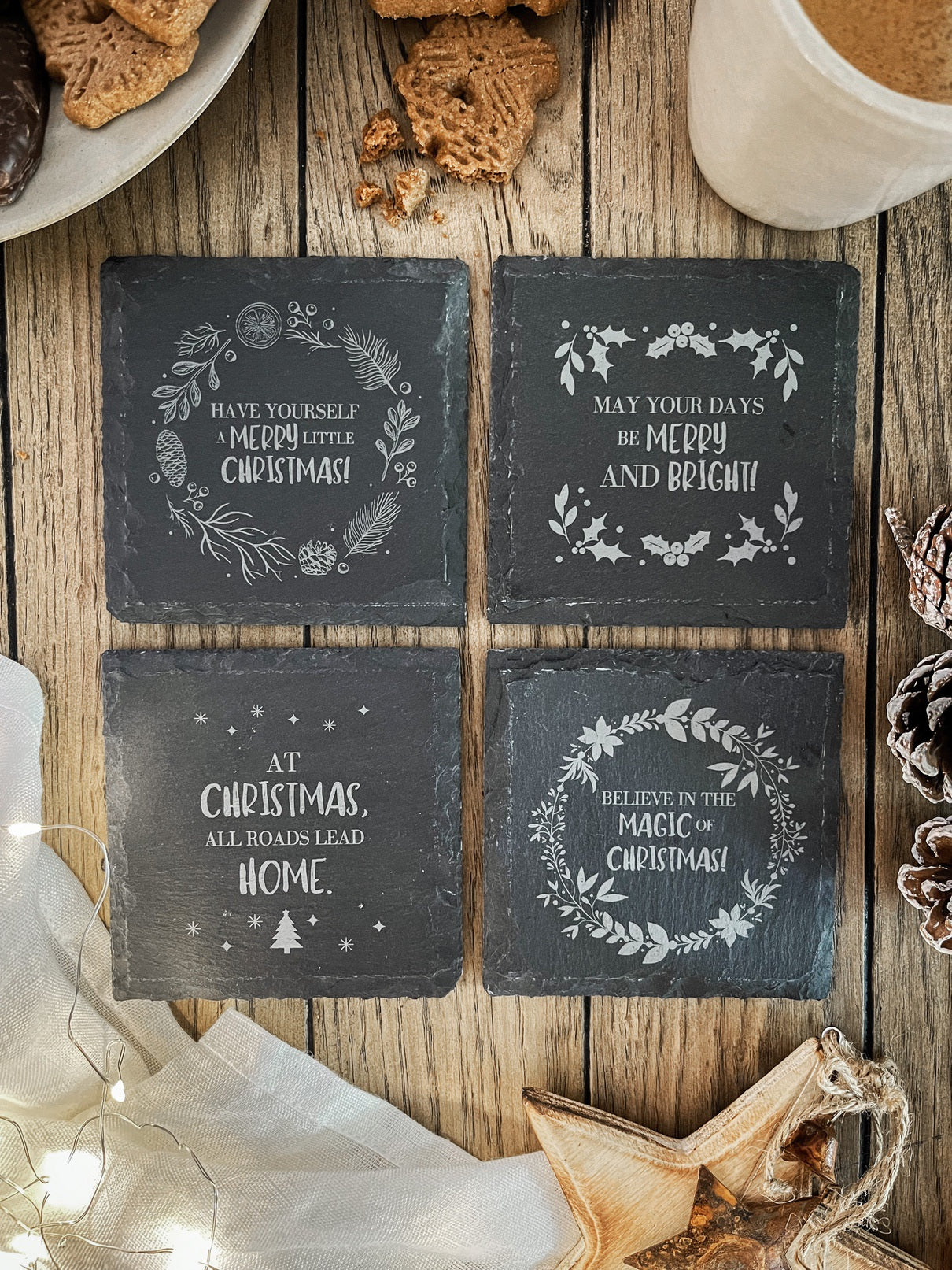 Schiefer Untersetzer Set mit Weihnachtsmotiven