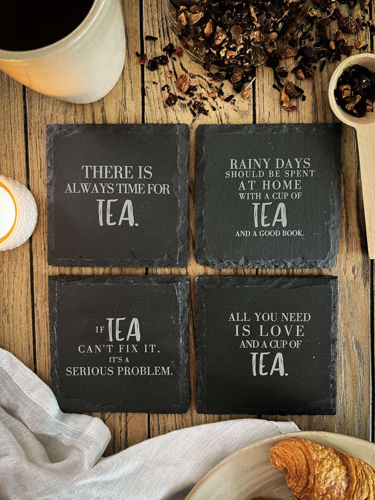 Schiefer-Untersetzer | Englische Tee-Sprüche 4er-Set