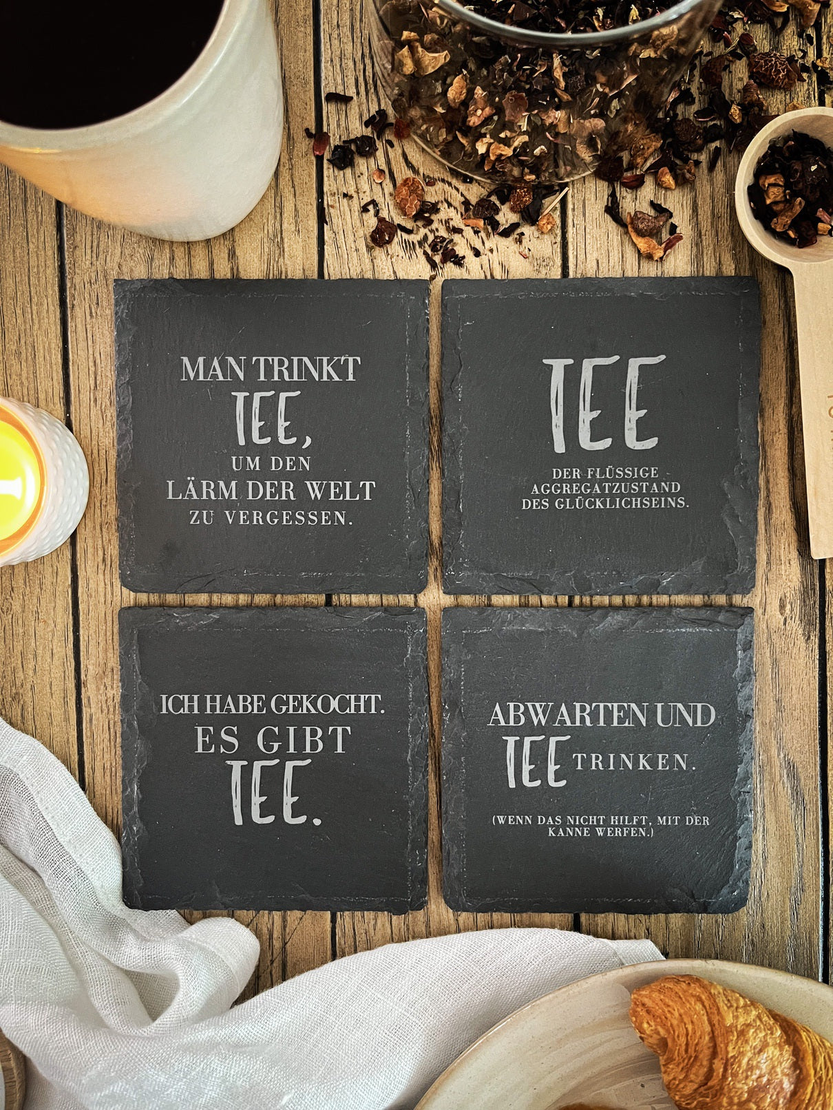 Schiefer-Untersetzer | Deutsche Tee-Sprüche 4er-Set