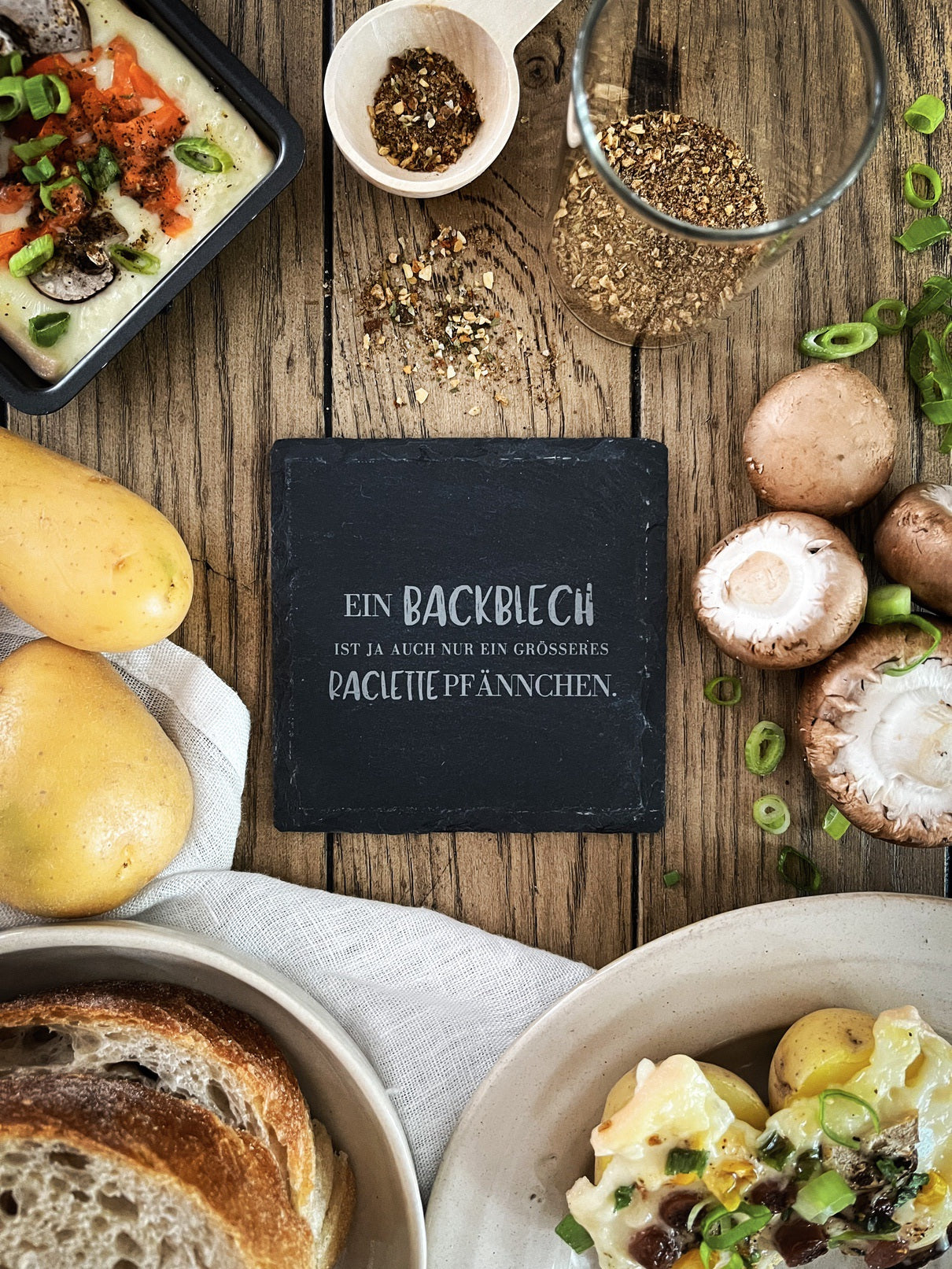 Schiefer-Untersetzer | Raclette-Sprüche 4er-Set