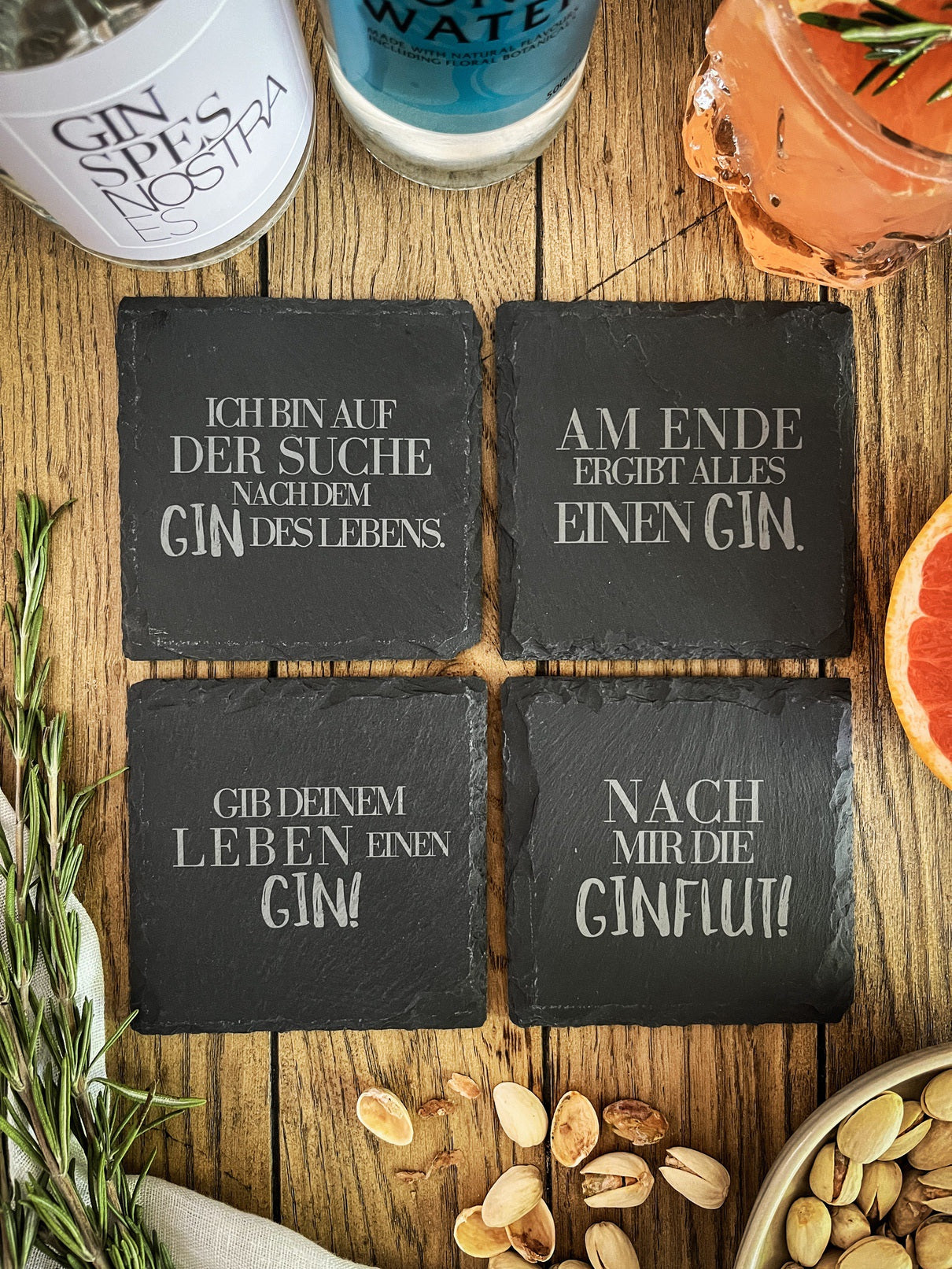Schiefer-Untersetzer | Deutsche Gin-Sprüche 4er-Set