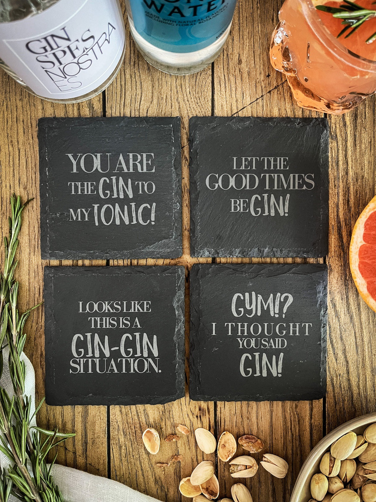 Schiefer-Untersetzer | Englische Gin-Sprüche 4er-Set