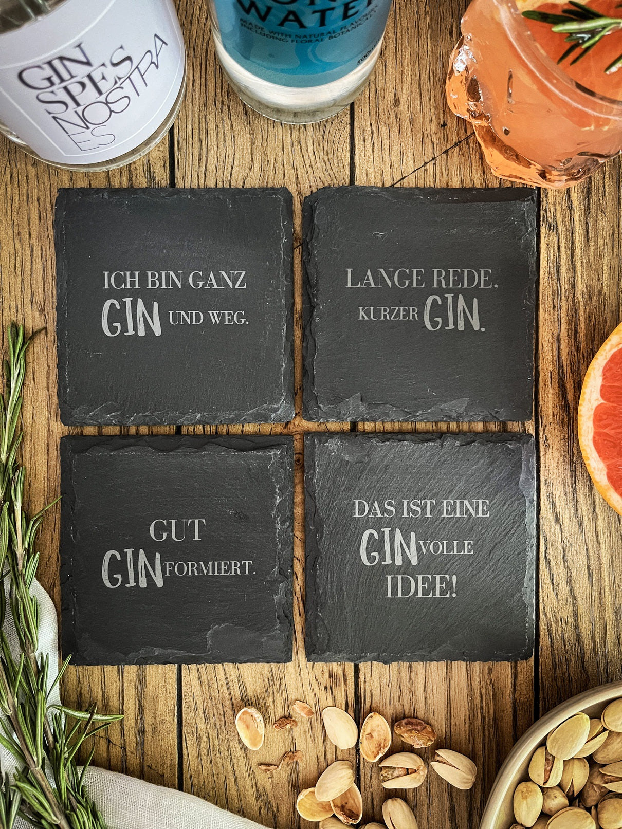 Schiefer-Untersetzer | Deutsche Gin-Sprüche 4er-Set