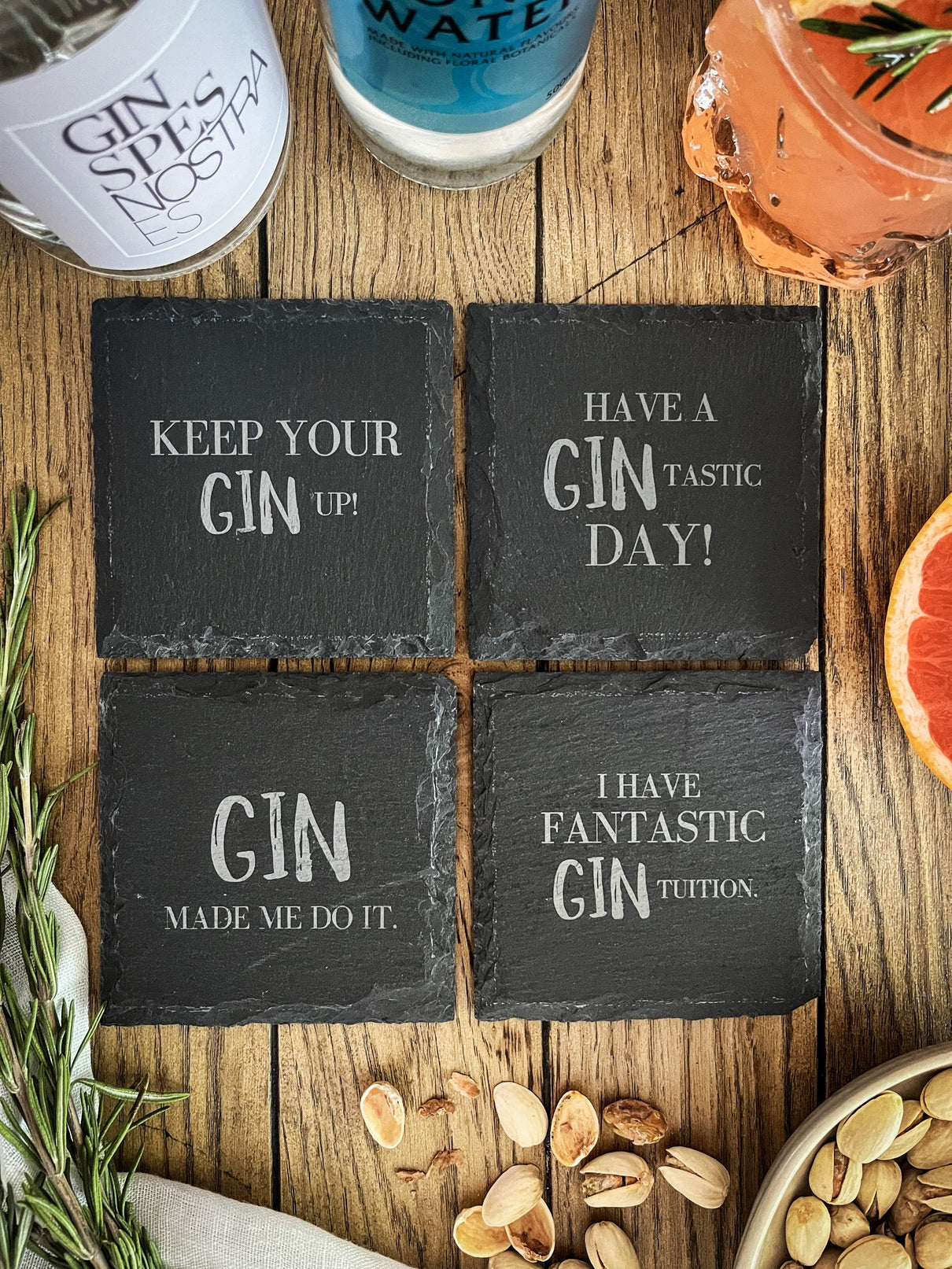 Schiefer-Untersetzer | Englische Gin-Sprüche 4er-Set
