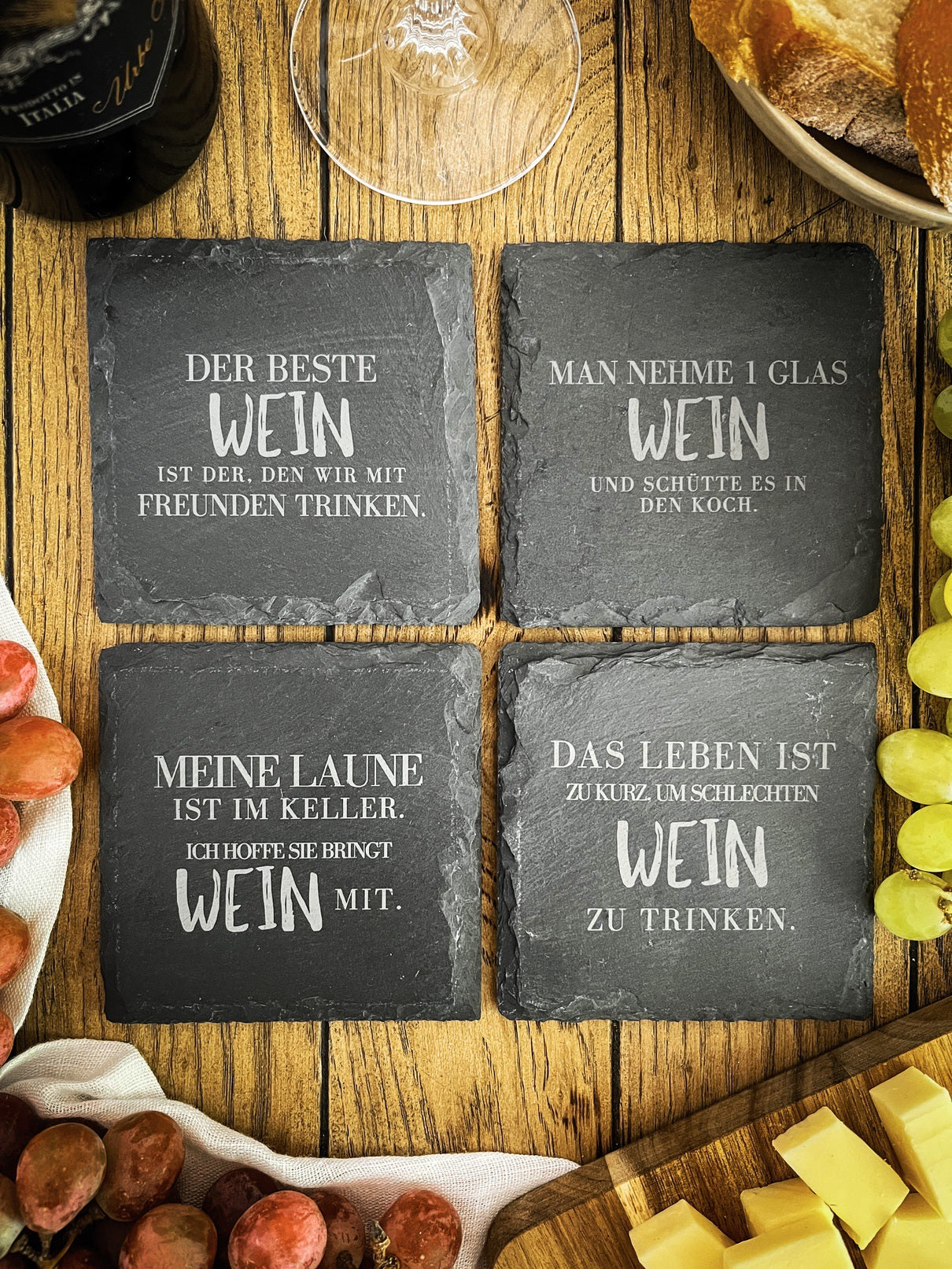 Schiefer-Untersetzer | Deutsche Wein-Sprüche 4er-Set