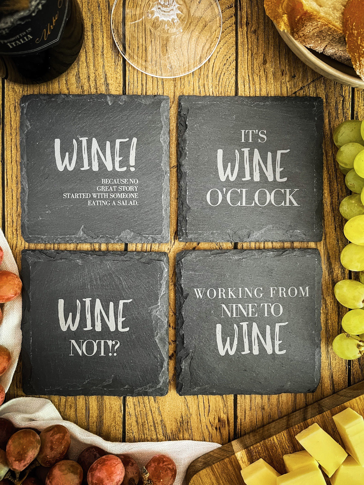 Schiefer-Untersetzer | Englische Wein-Sprüche 4er-Set