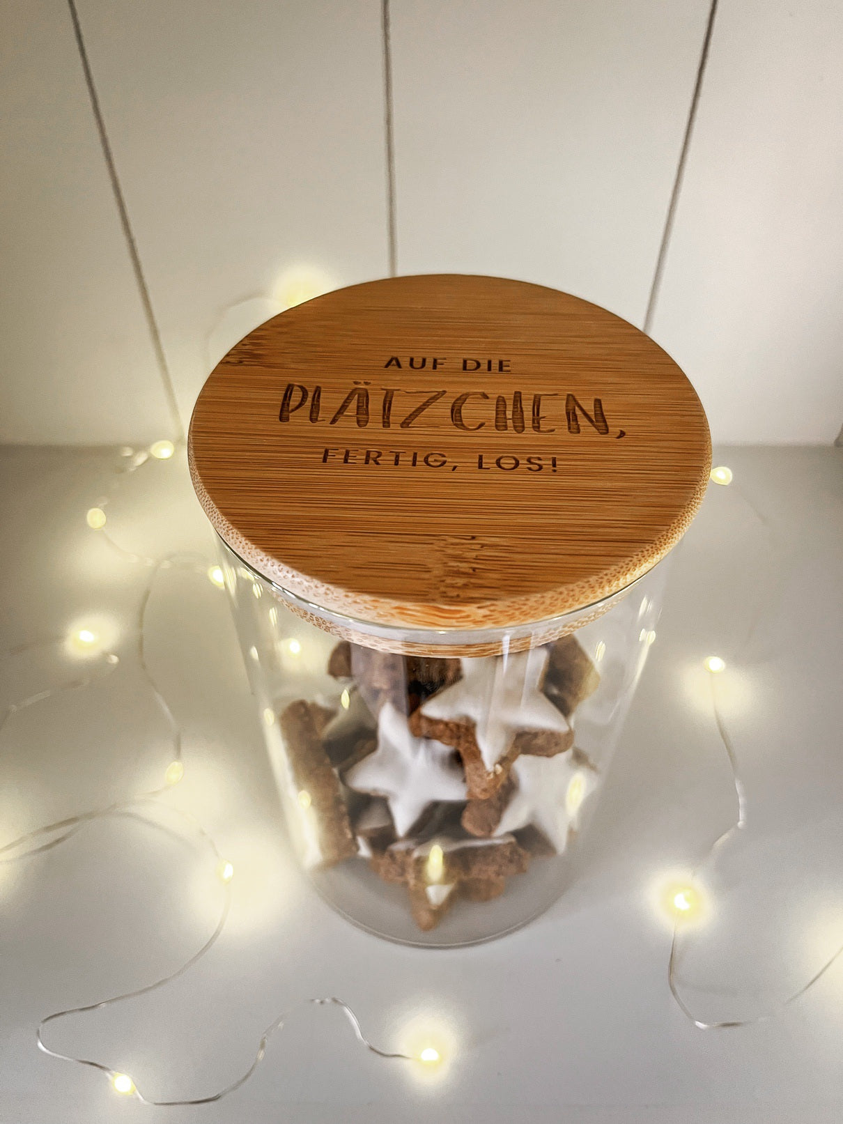 Vorratsglas mit Holzdeckel graviert | Auf die Plätzchen, fertig, los!