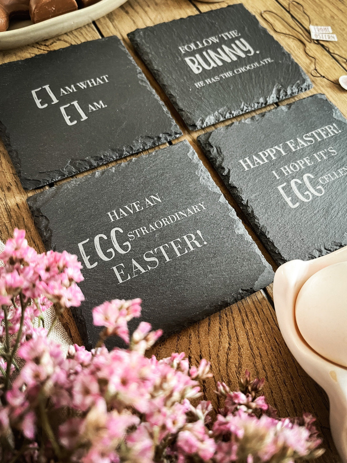 Schiefer-Untersetzer | Oster-Sprüche 4er-Set