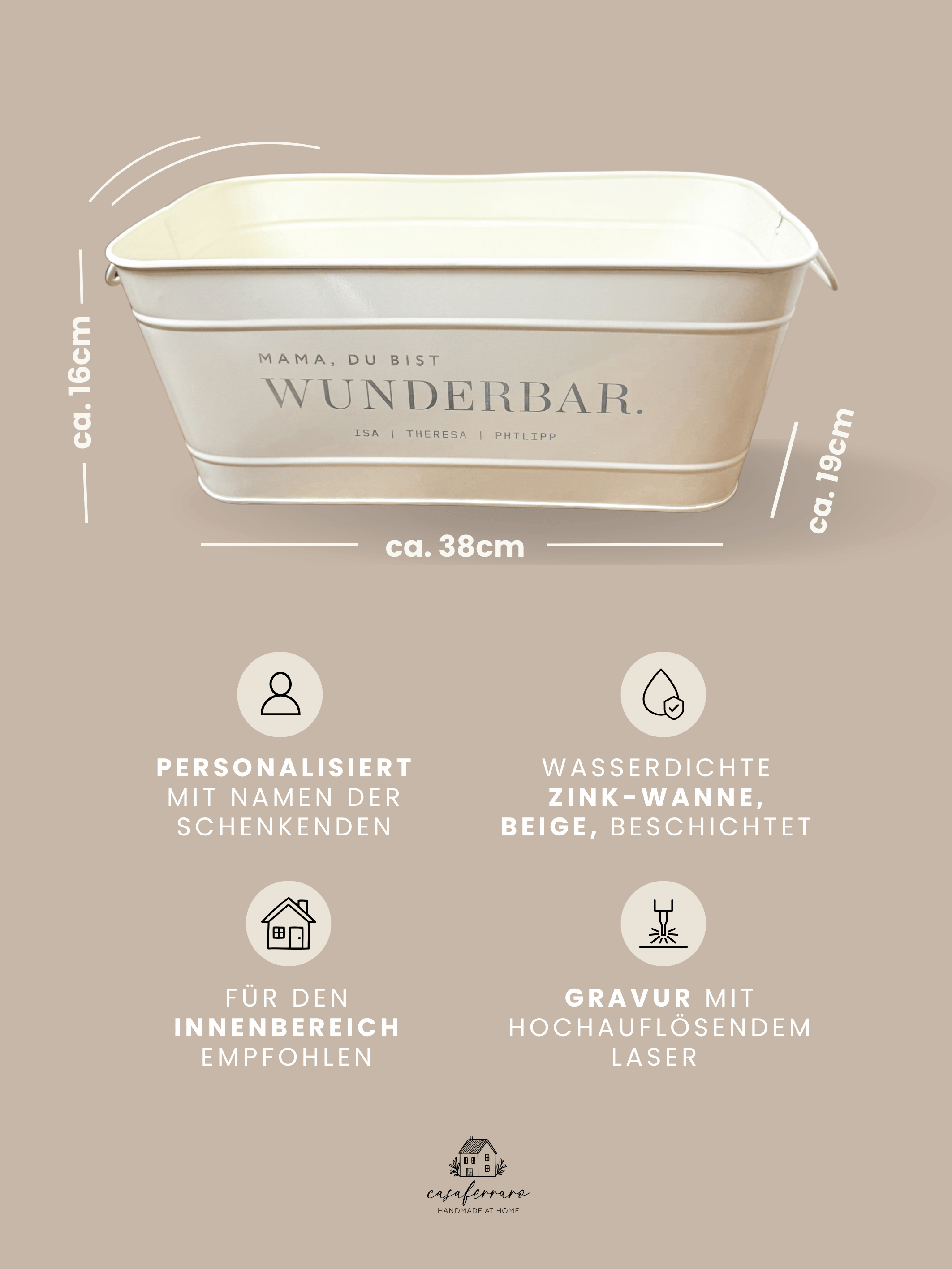 Personalisierter Metall-Blumenkasten für Mama | Gravur "Wunderbar" | Geschenk zum Muttertag & Geburtstag