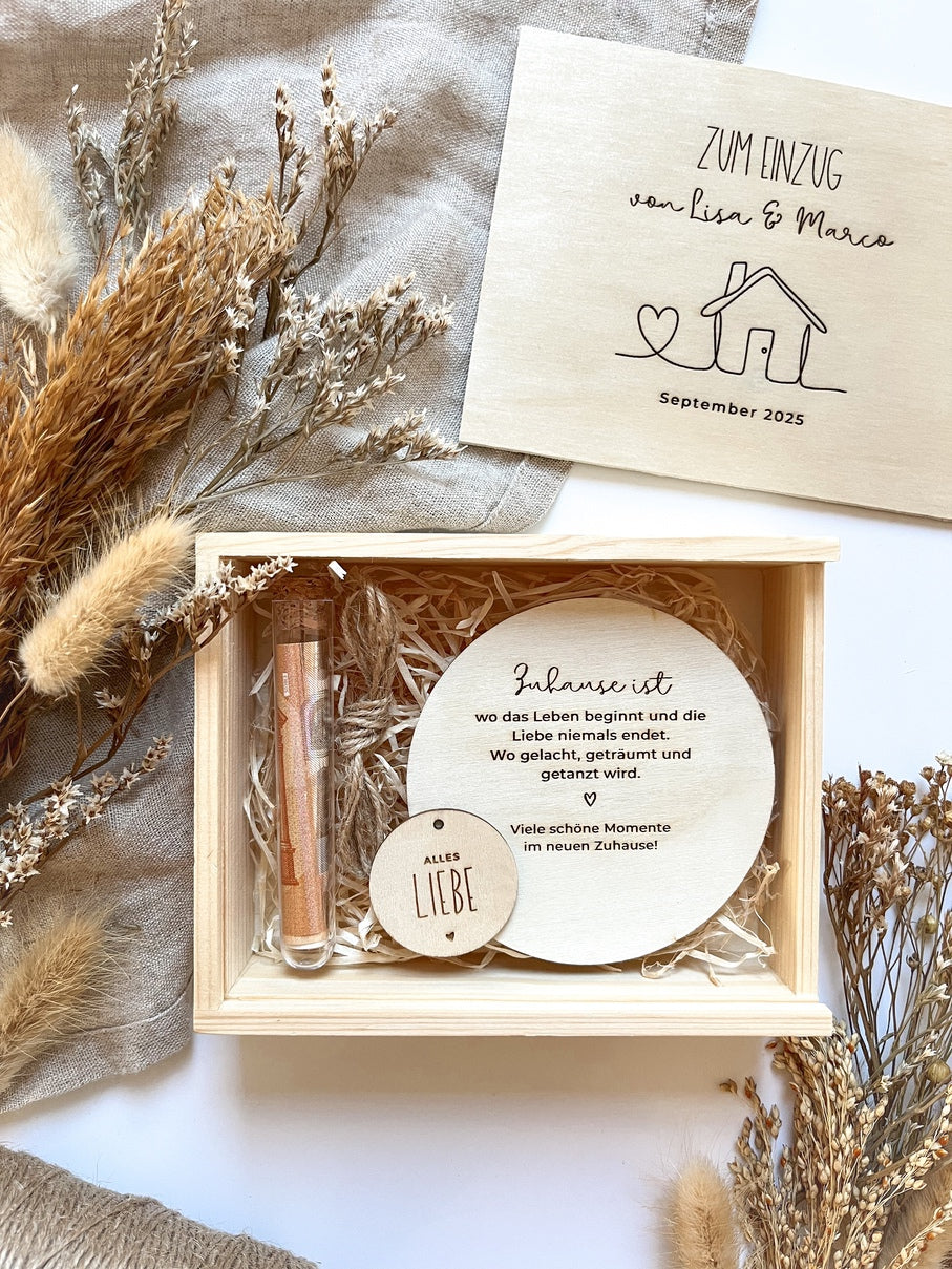Personalisiertes Geldgeschenk zum Einzug aus Holz | Einzugsgeschenk