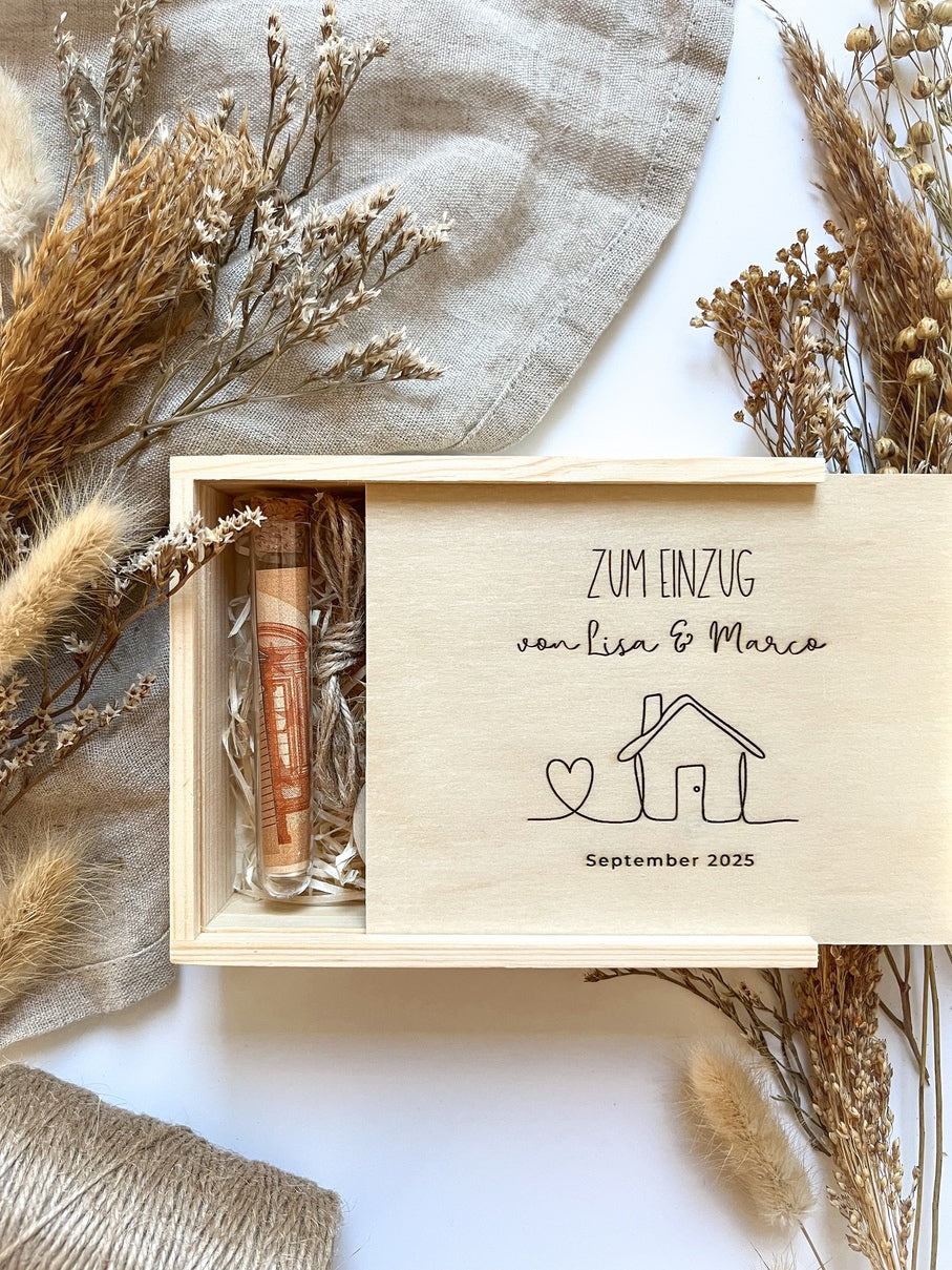 Personalisiertes Geldgeschenk zum Einzug aus Holz | Einzugsgeschenk