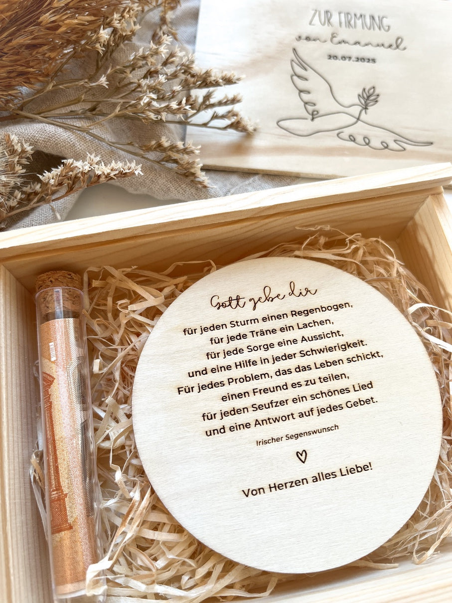 Personalisiertes Geldgeschenk aus Holz zur Firmung | Taube