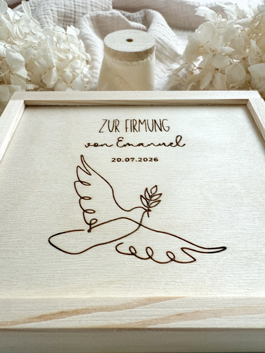 Personalisiertes Geldgeschenk aus Holz zur Firmung | Taube