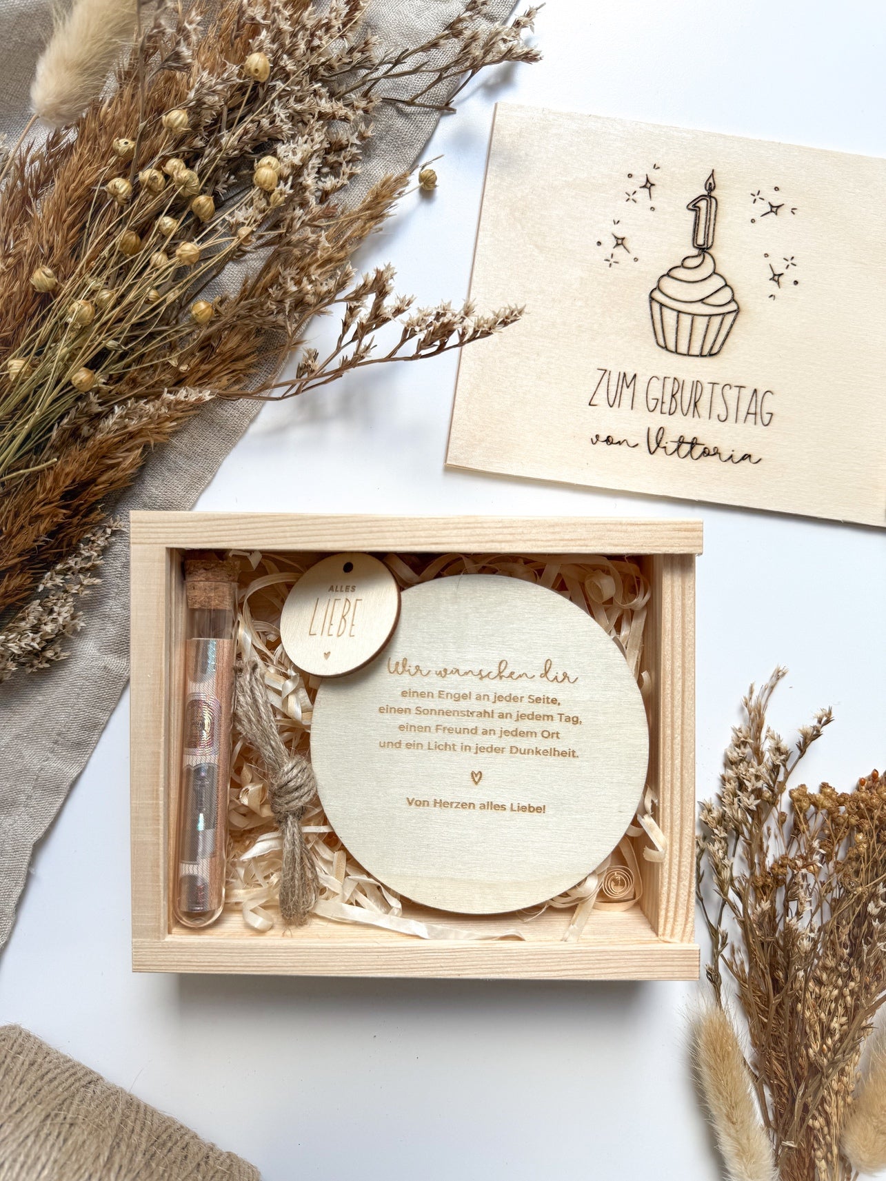 Personalisiertes Geldgeschenk Gravur & Namen zum 1. Geburtstag aus Holz