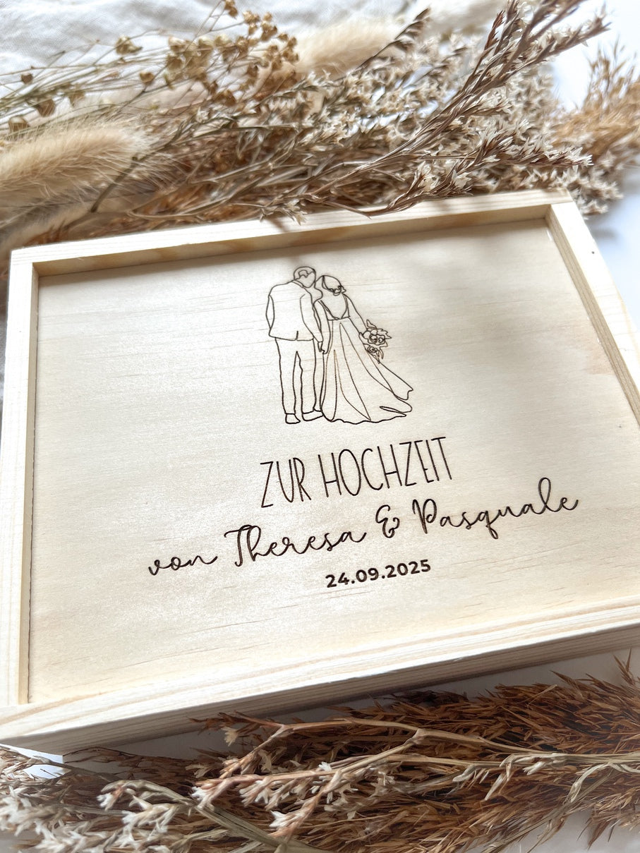 Personalisiertes Geldgeschenk aus Holz zur Hochzeit | Hochzeitspaar Kuss