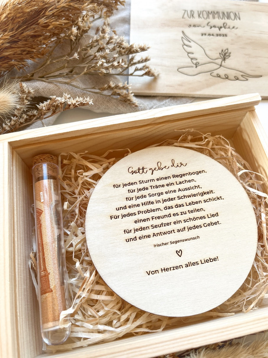 Personalisiertes Geldgeschenk aus Holz zur Kommunion | Taube