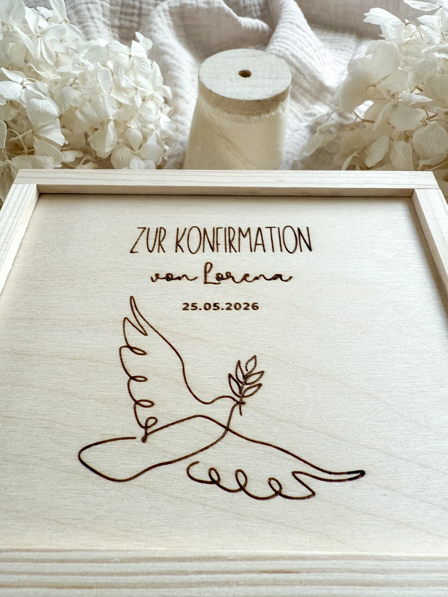 Personalisiertes Geldgeschenk aus Holz zur Konfirmation | Taube