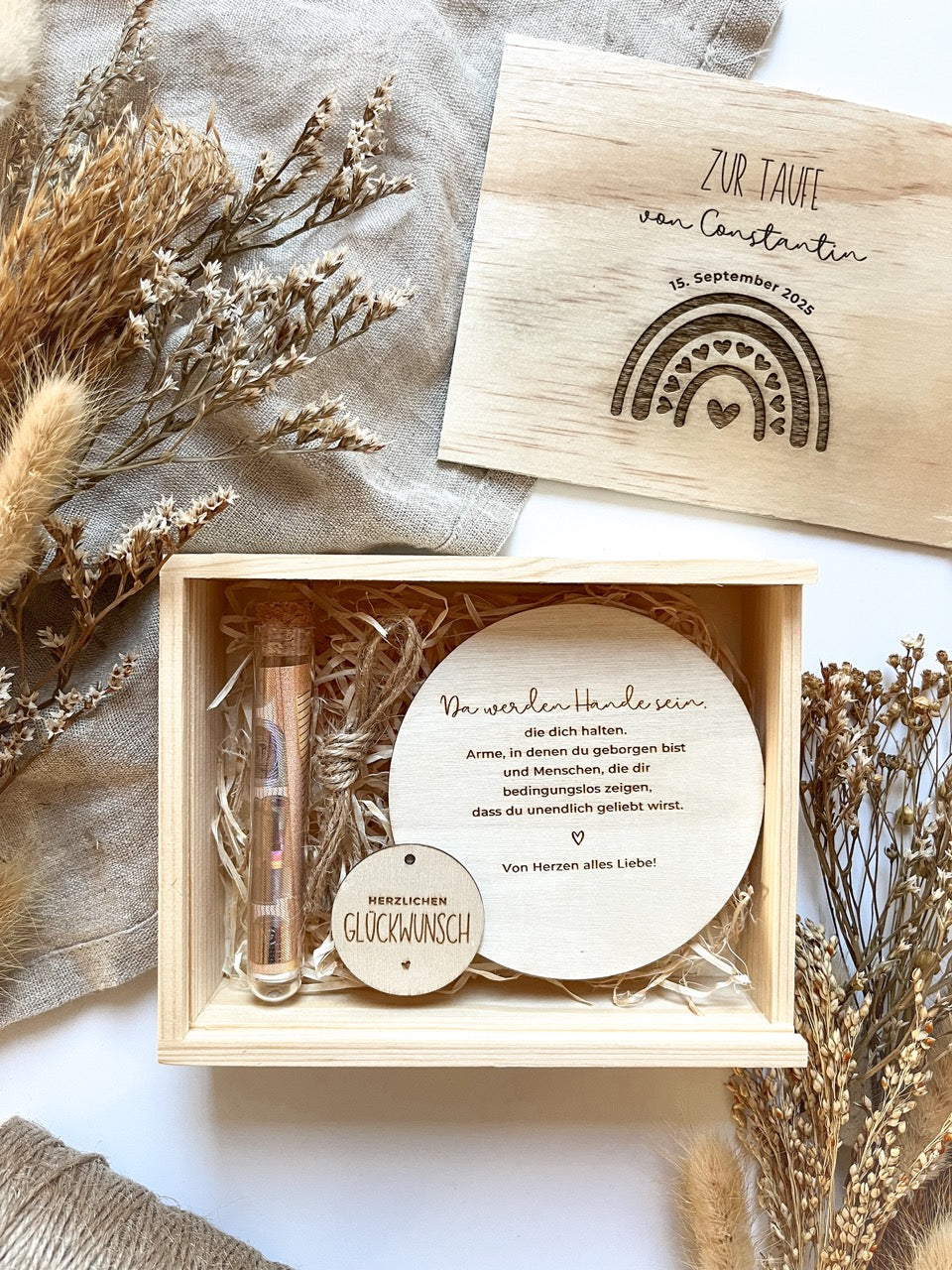 Personalisiertes Geldgeschenk mit Gravur & Namen aus Holz zur Taufe | Regenbogen