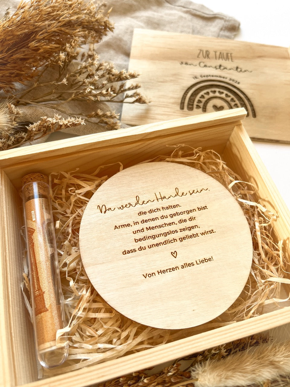 Personalisiertes Geldgeschenk mit Gravur & Namen aus Holz zur Taufe | Regenbogen