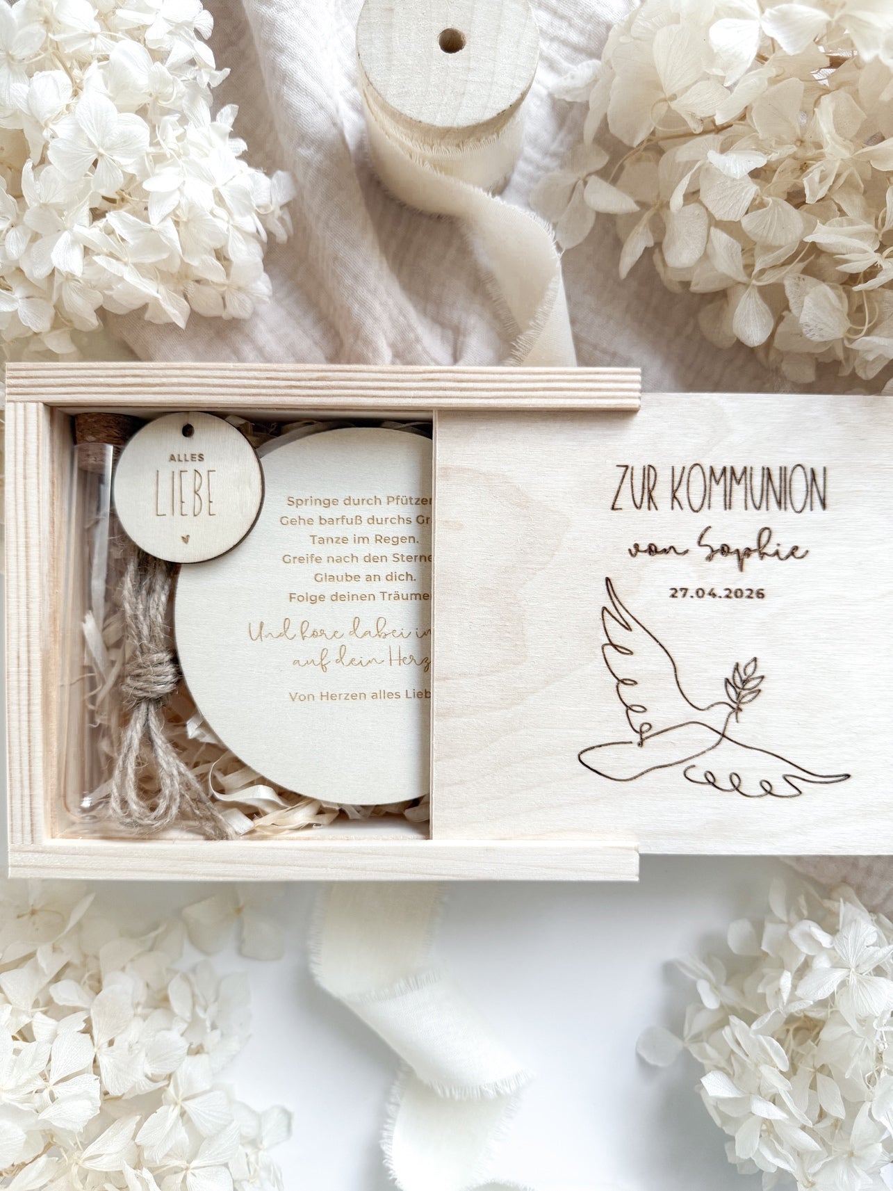 Personalisiertes Geldgeschenk aus Holz zur Kommunion | Taube