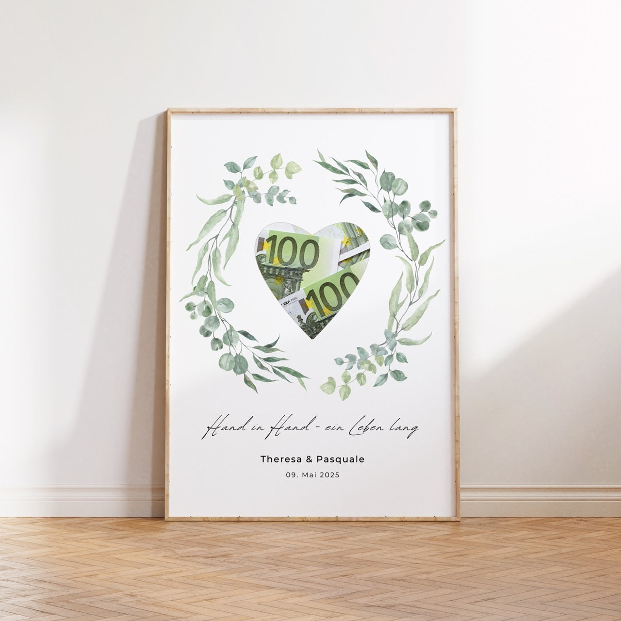 Personalisiertes Geldgeschenk zur Hochzeit mit Greenery-Eukalyptus-Motiv, Druckvorlage mit Herz-Ausschnitt zum selbst Ausdrucken.