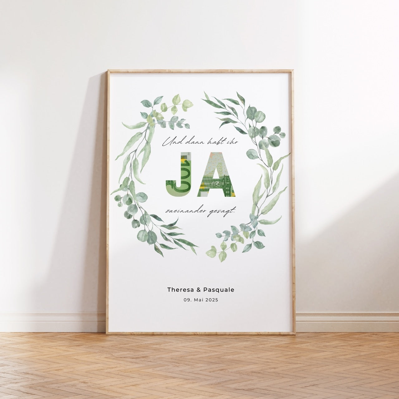 Personalisiertes Geldgeschenk zur Hochzeit mit Greenery-Eukalyptus-Kranz und JA-Ausschnitt für Geldscheine, digitale Druckvorlage.