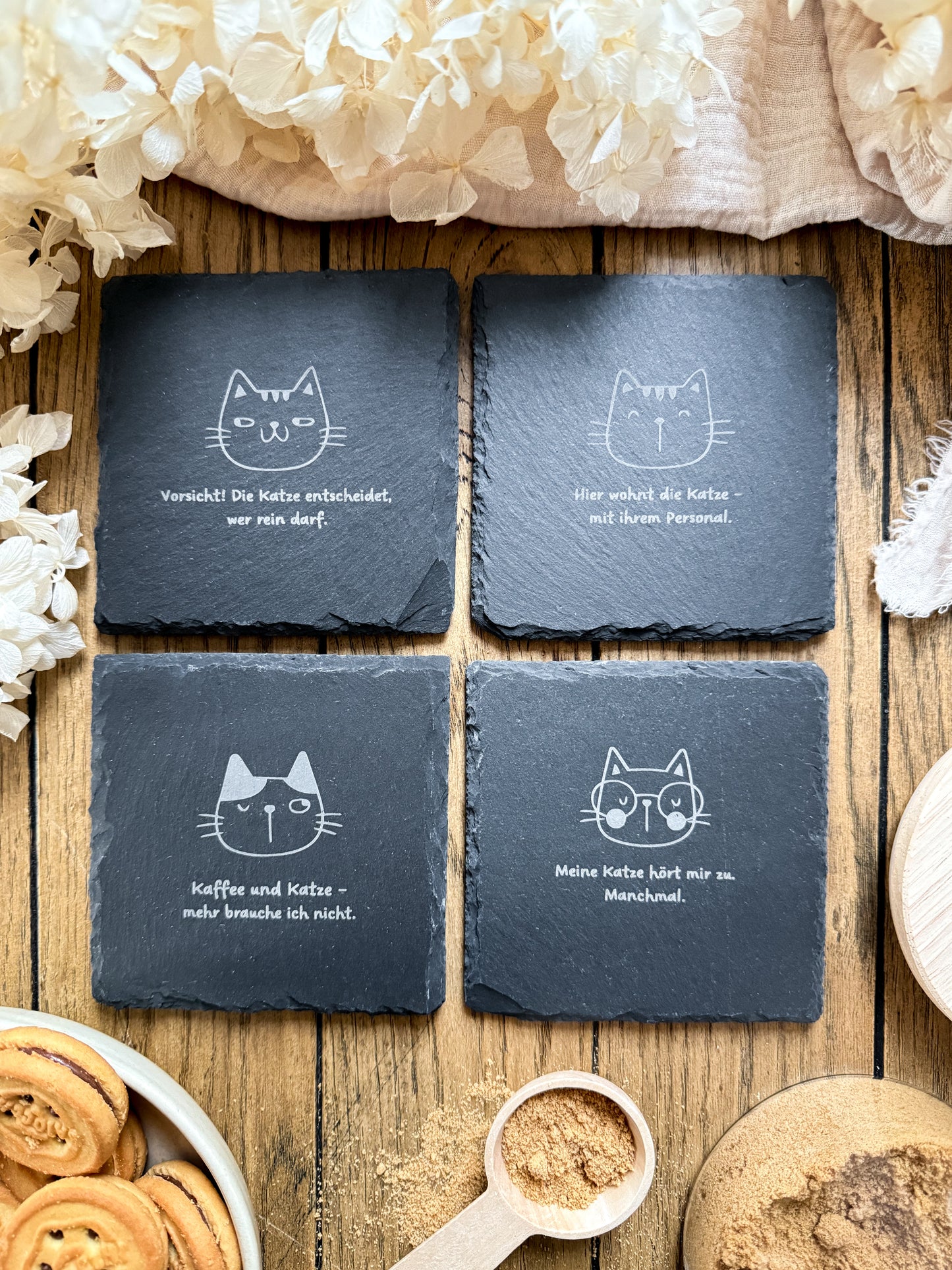 Schiefer-Untersetzer | Katzen Motive 4er-Set