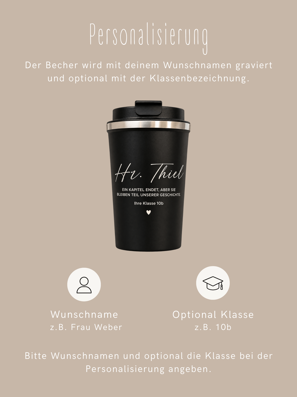 Personalisierter Thermobecher für Lehrer & Lehrerinnen | Abschied mit Name & Klasse